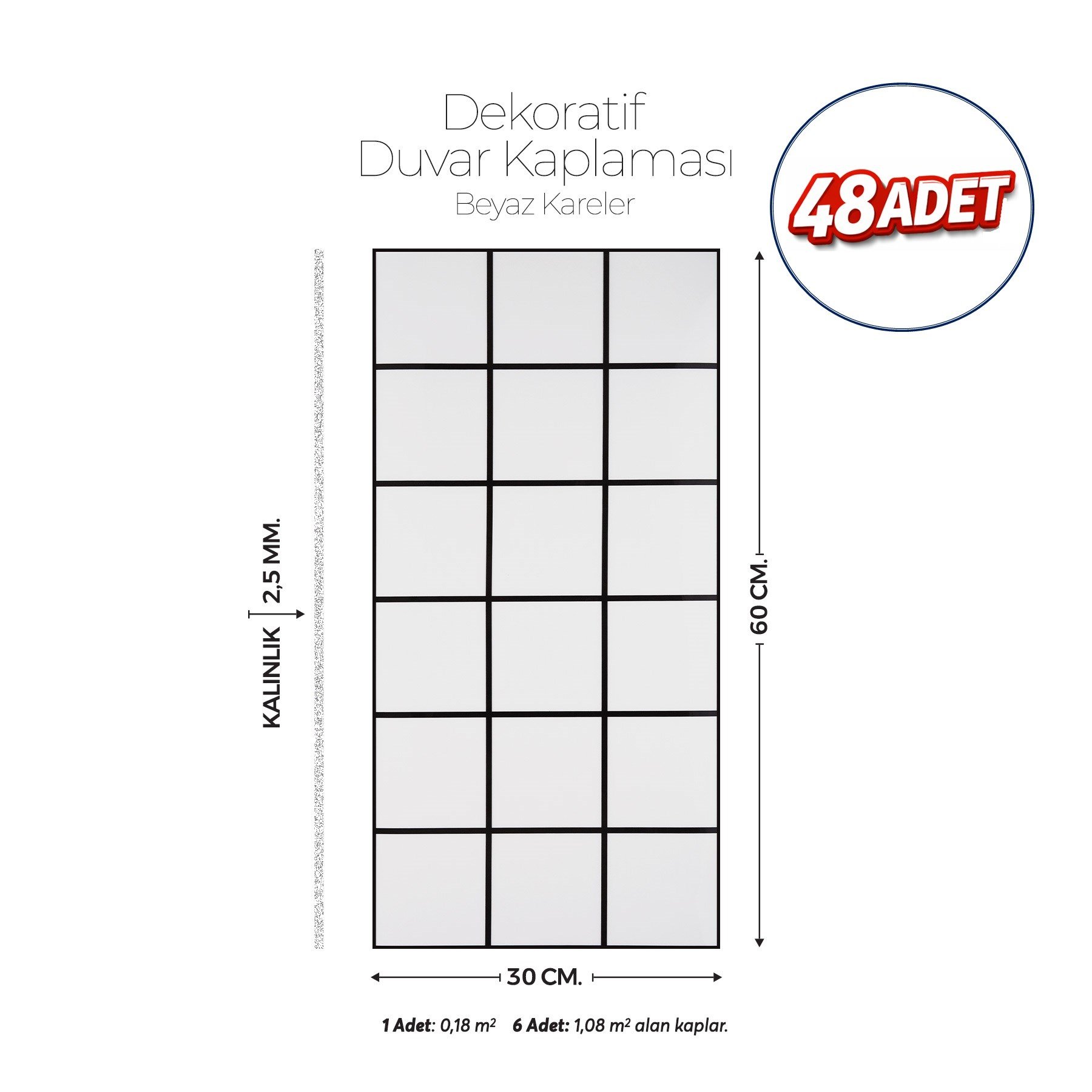 30X60 cm Kendinden Yapışkanlı Duvar,banyo,tezgah Arası Beyaz Kareli Desen-48 Adet