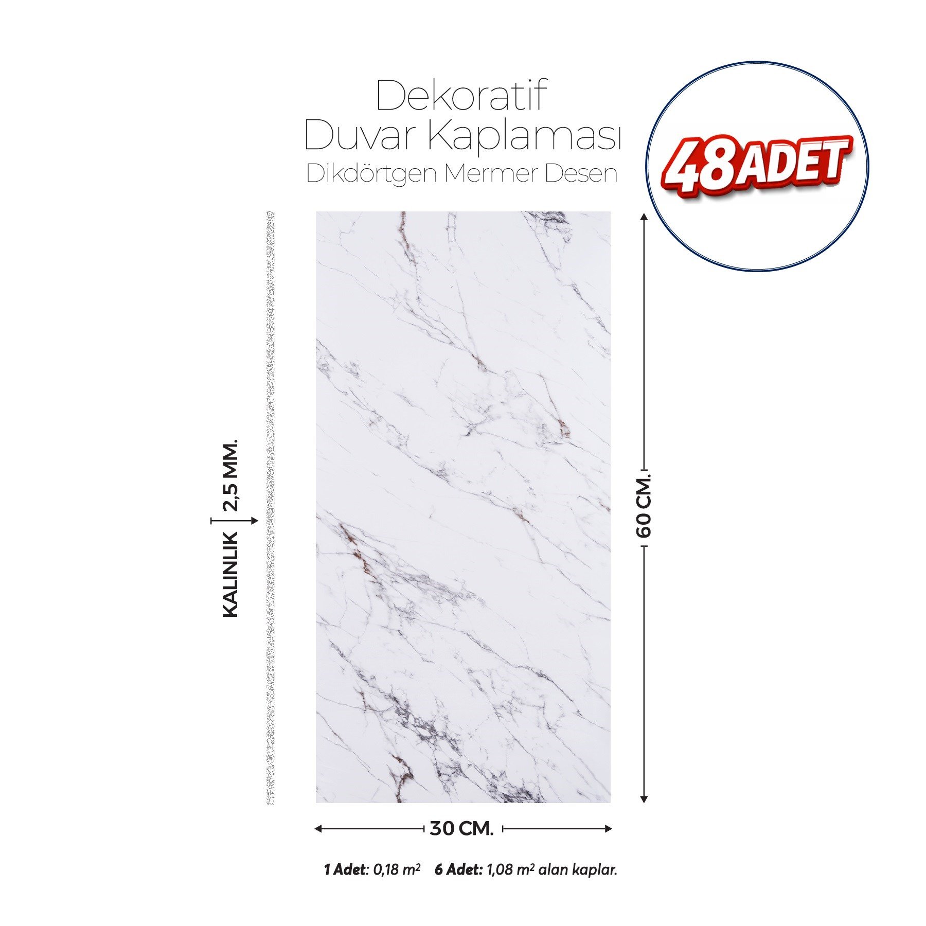 30X60 cm Kendinden Yapışkanlı Duvar,banyo,tezgah Arası Mermer Desen-48 Adet