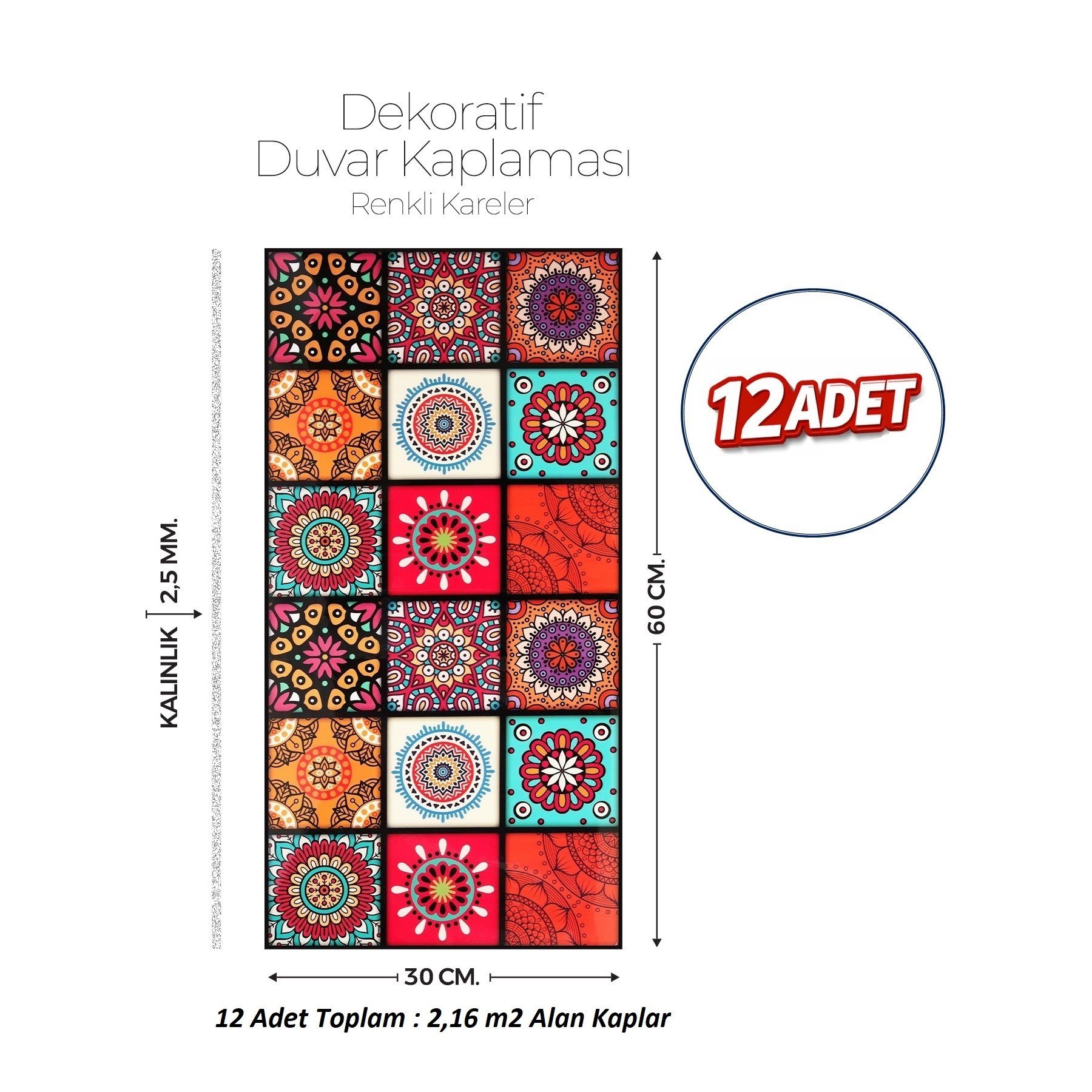 30X60 cm Kendinden Yapışkanlı Duvar,banyo,tezgah Arası Kaplama Çok Renkli 12 Adet