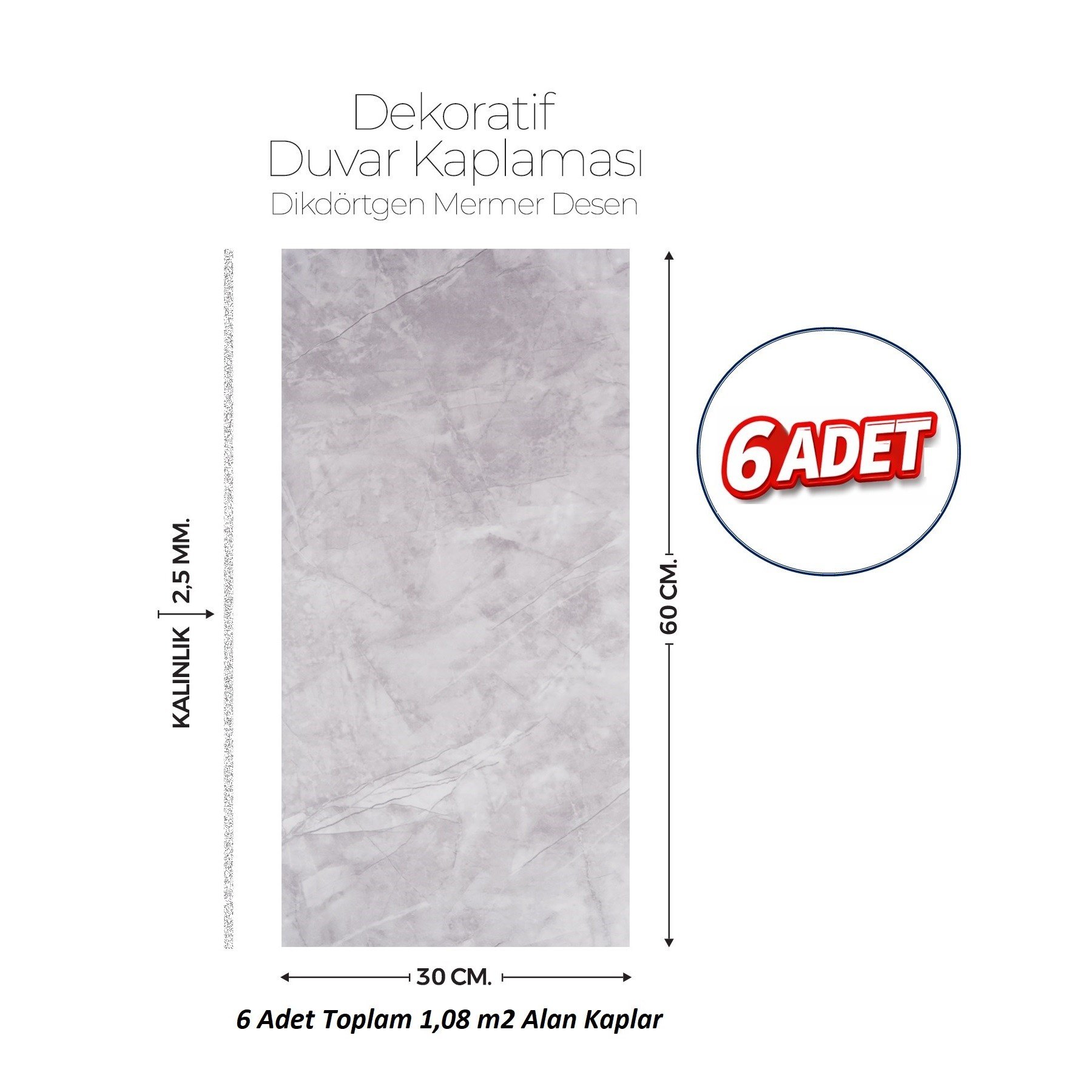 30X60 cm Kendinden Yapışkanlı Duvar,banyo,tezgah Arası Kaplama Açık Gri 6 Adet