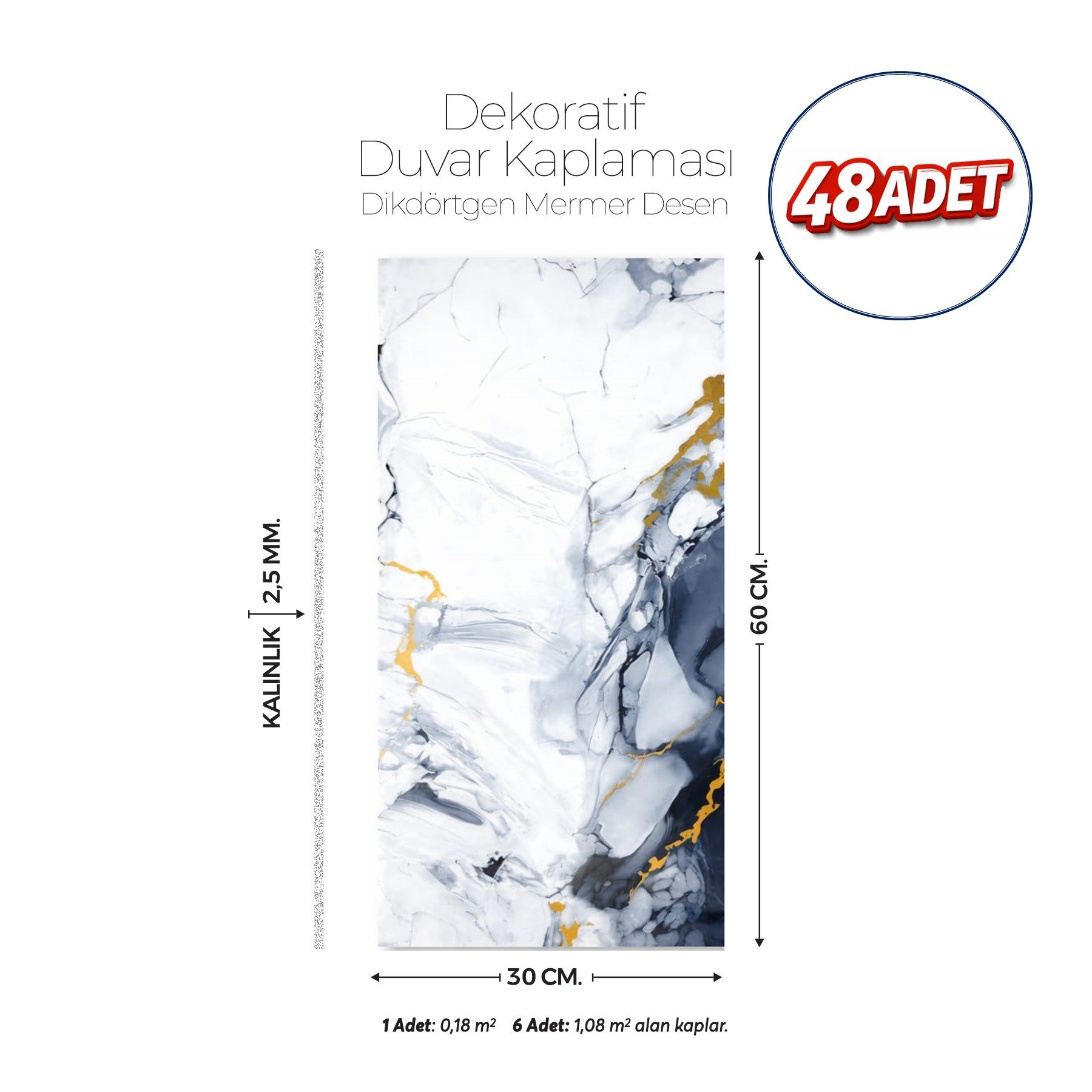 30X60 cm Kendinden Yapışkanlı Duvar,banyo,tezgah Arası Beyaz-mavi Mermer Desen-48 Adet