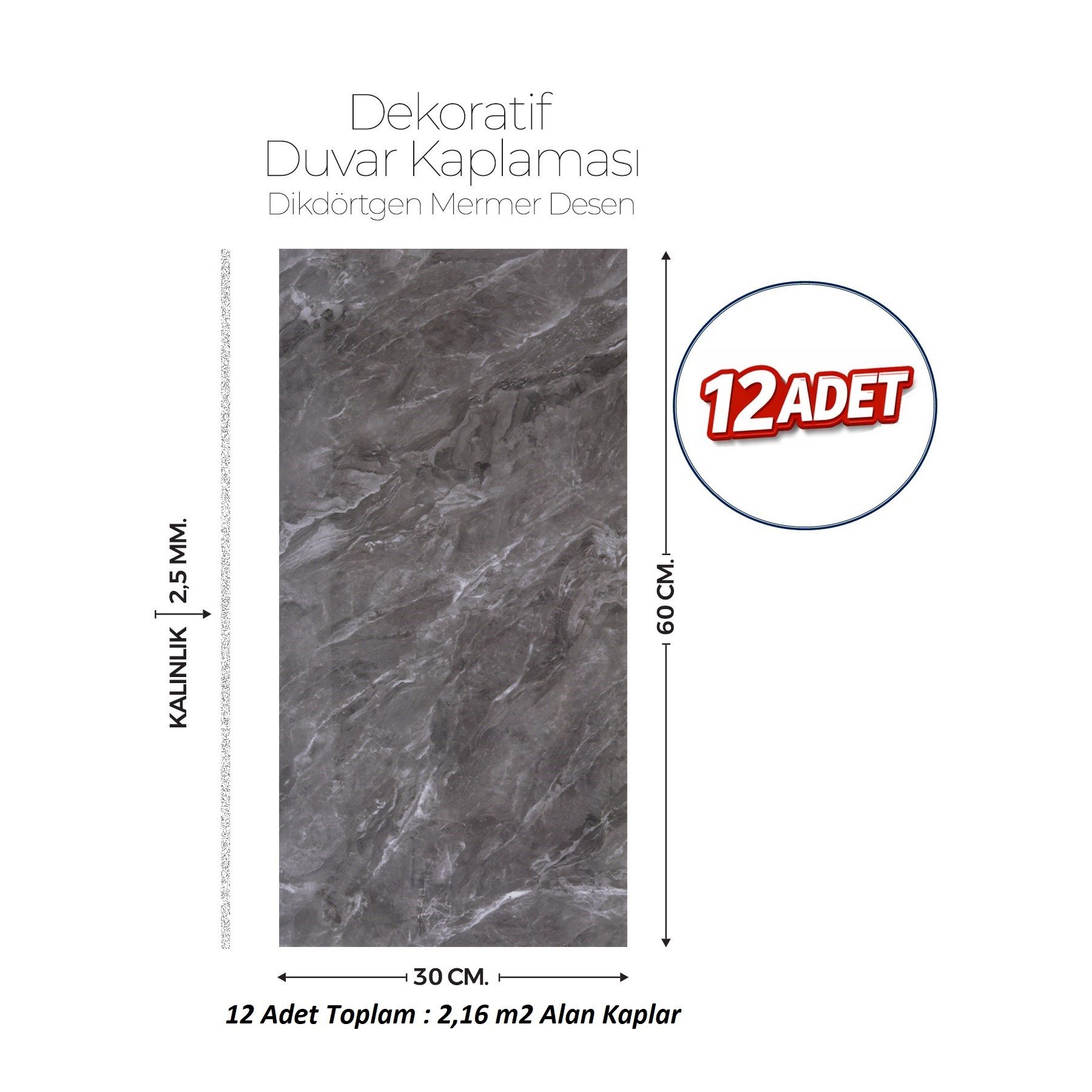 30X60 cm Kendinden Yapışkanlı Duvar,banyo,tezgah Arası Kaplama Antrasit Mermer 12 Adet