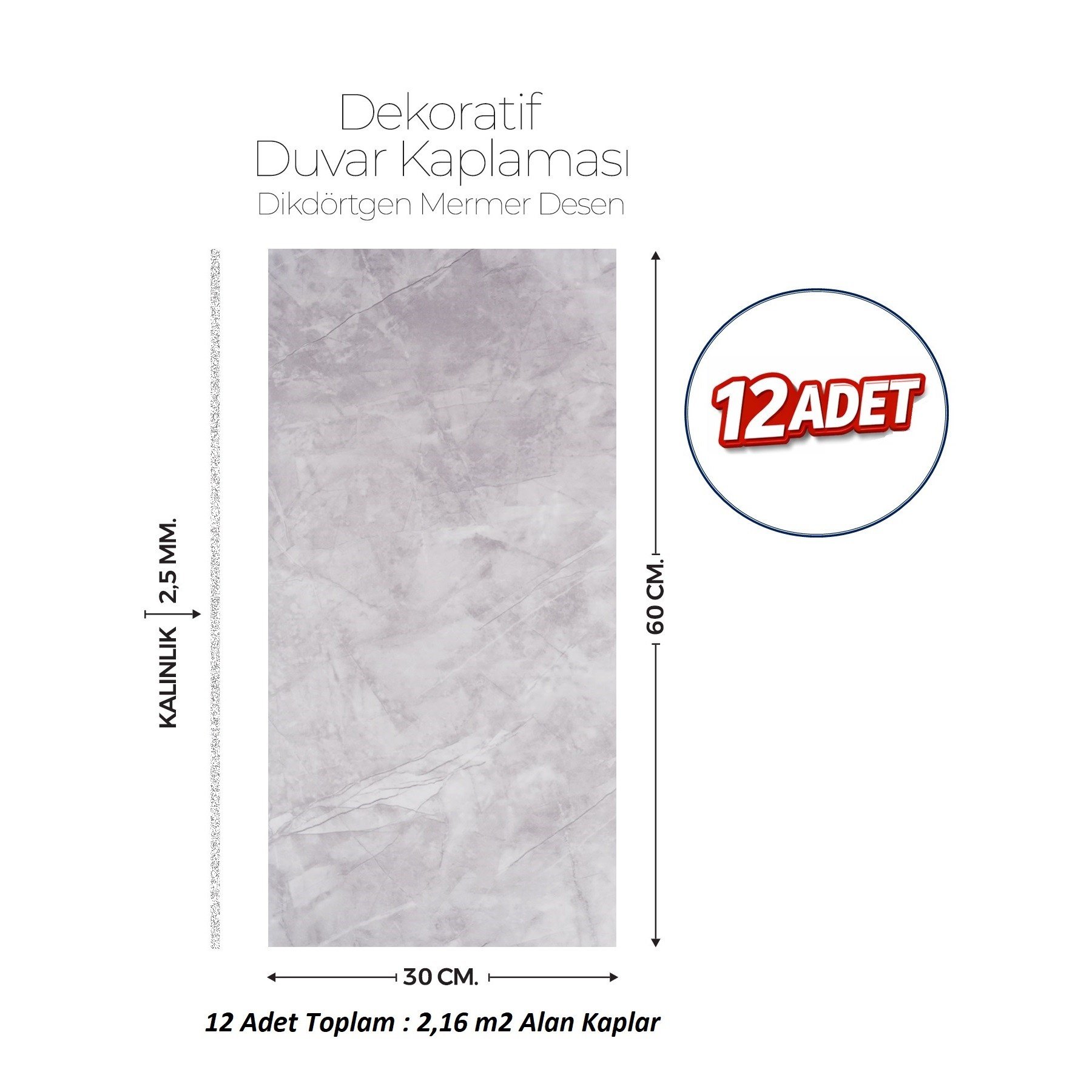 30X60 cm Kendinden Yapışkanlı Duvar,banyo,tezgah Arası Kaplama Açık Gri 12 Adet