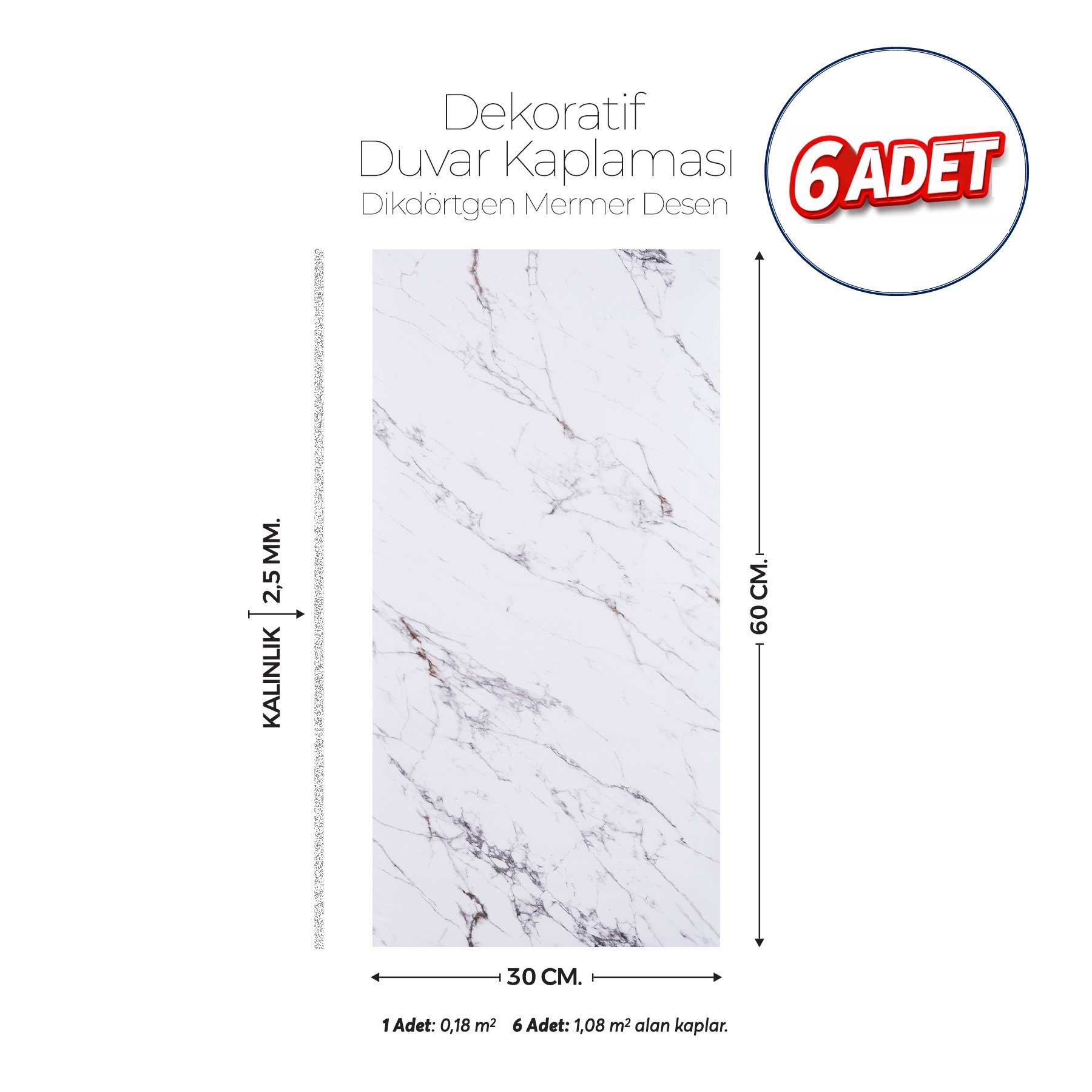 30X60 cm Kendinden Yapışkanlı Duvar,banyo,tezgah Arası Kaplama Açık Mermer Desen 6 Adet
