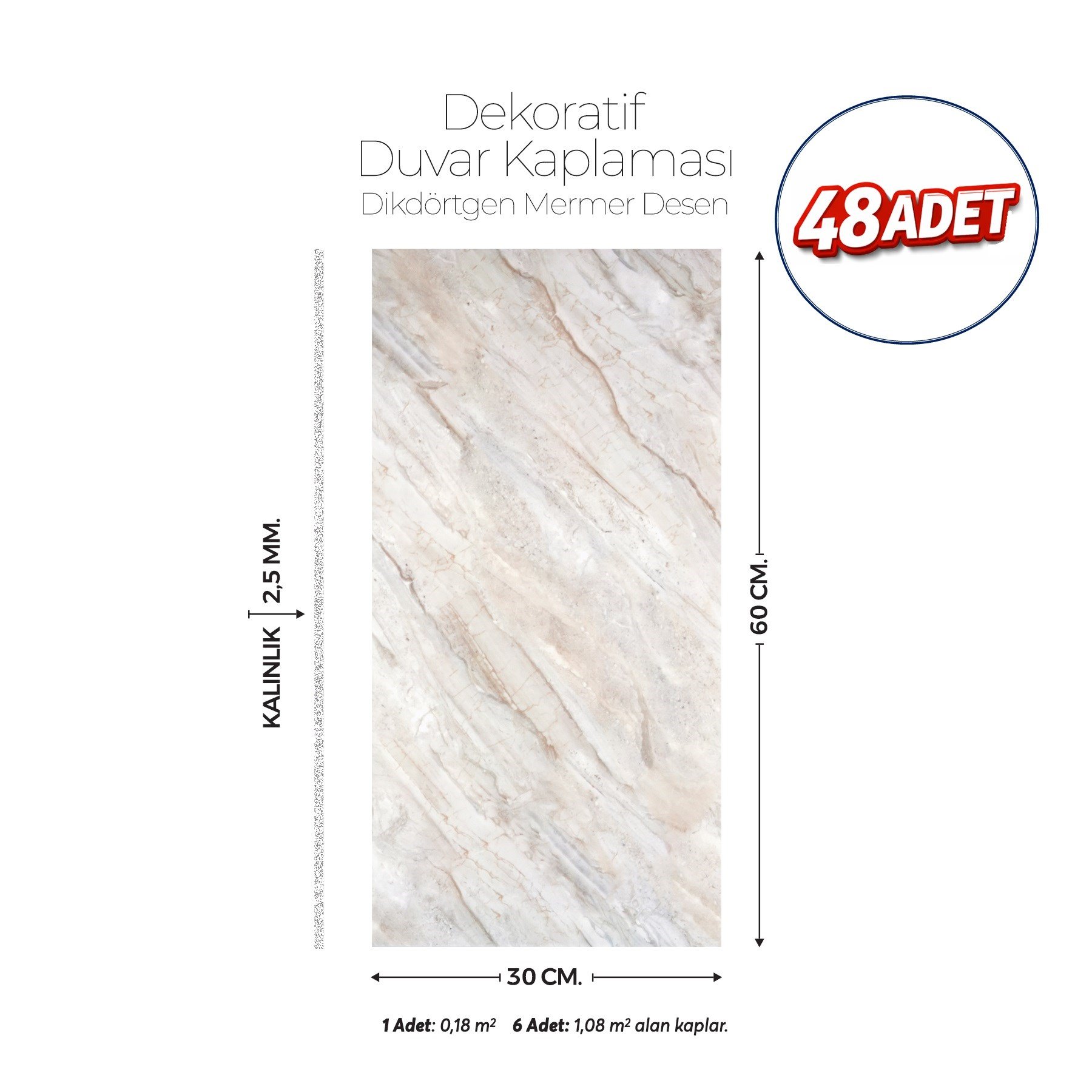 30X60 cm Kendinden Yapışkanlı Duvar,banyo,tezgah Arası Bej Mermer Desen-48 Adet