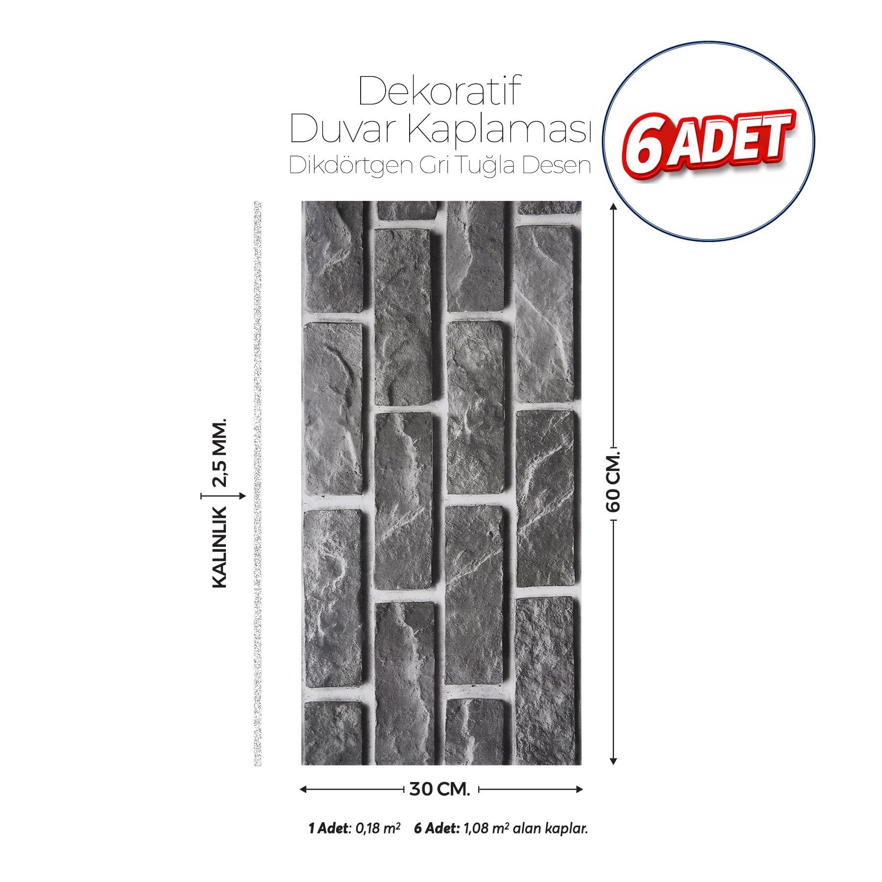 30X60 cm Kendinden Yapışkanlı Duvar,banyo,tezgah Arası Kaplama Gri Tuğla Desen 6 Adet