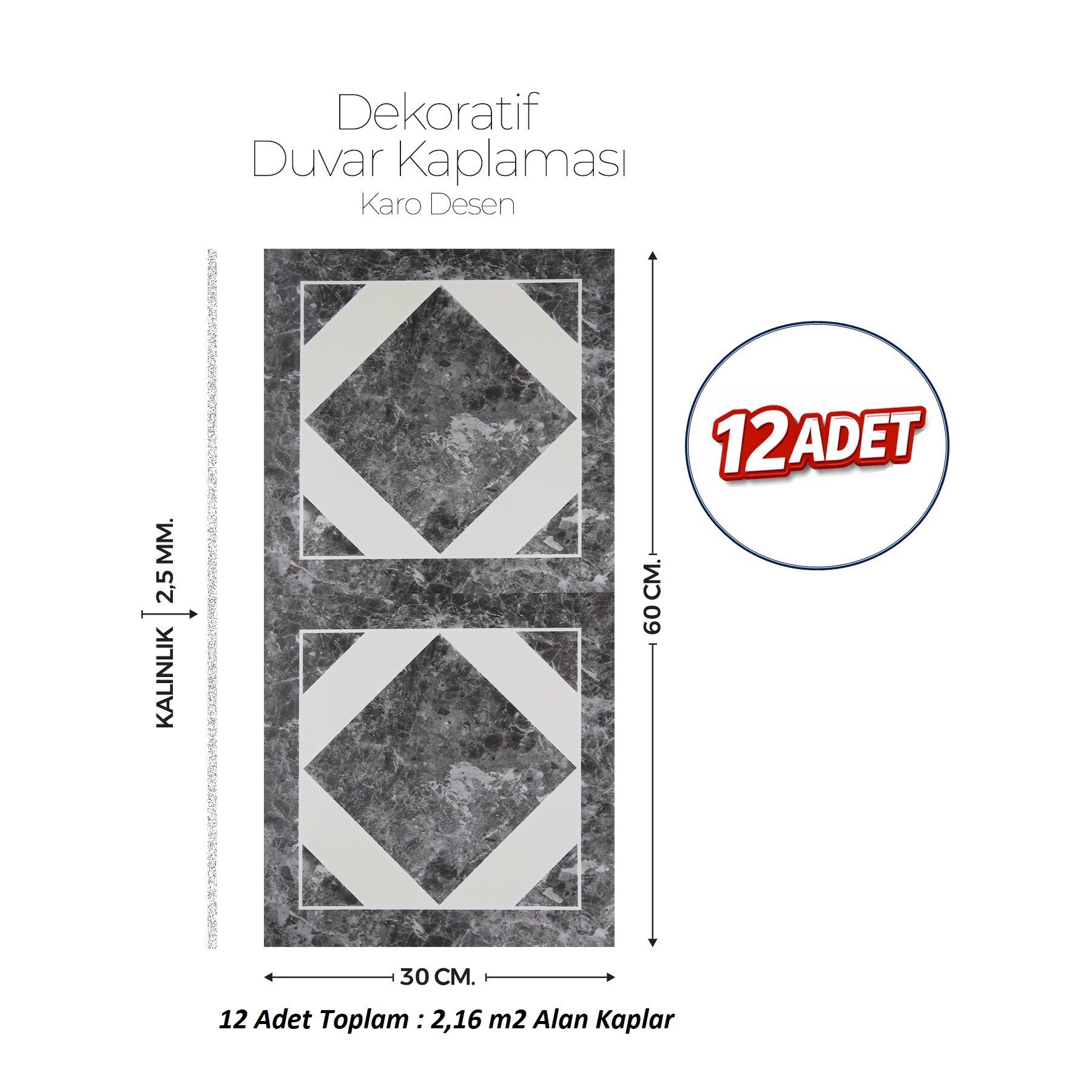 30X60 cm Kendinden Yapışkanlı Duvar,banyo,tezgah Arası Kaplama Karo Desen 12 Adet