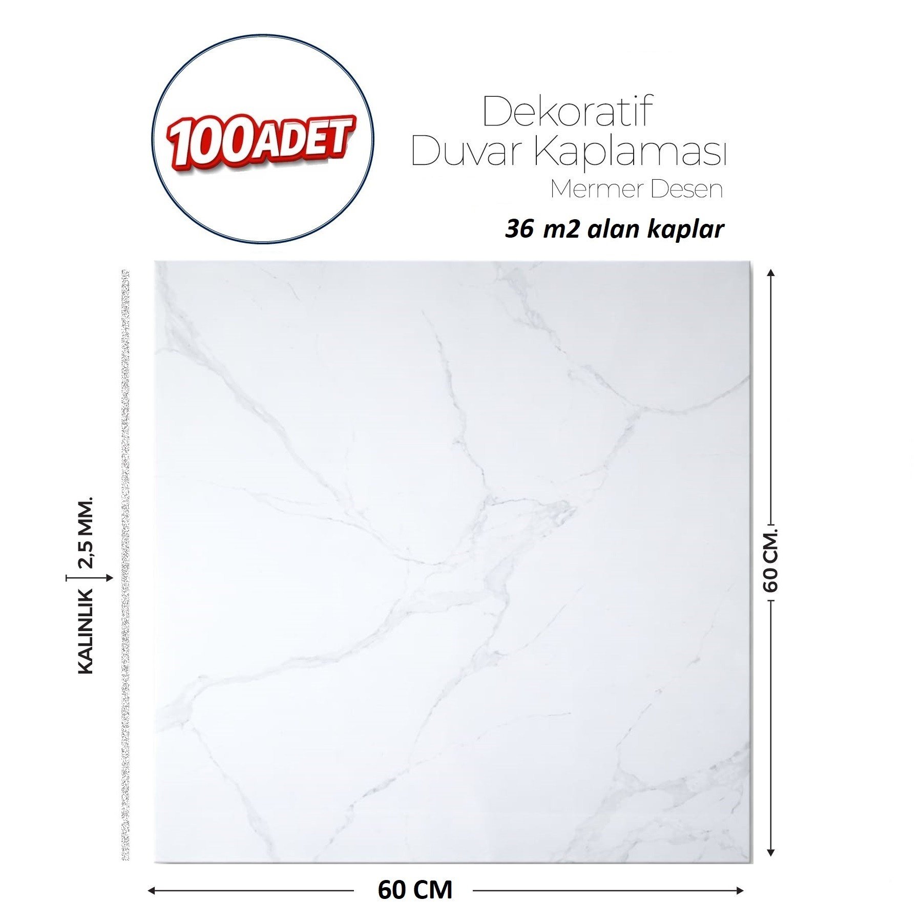 60X60 cm Kendinden Yapışkanlı Duvar,banyo,tezgah Arası Beyaz Mermer-100 Adet