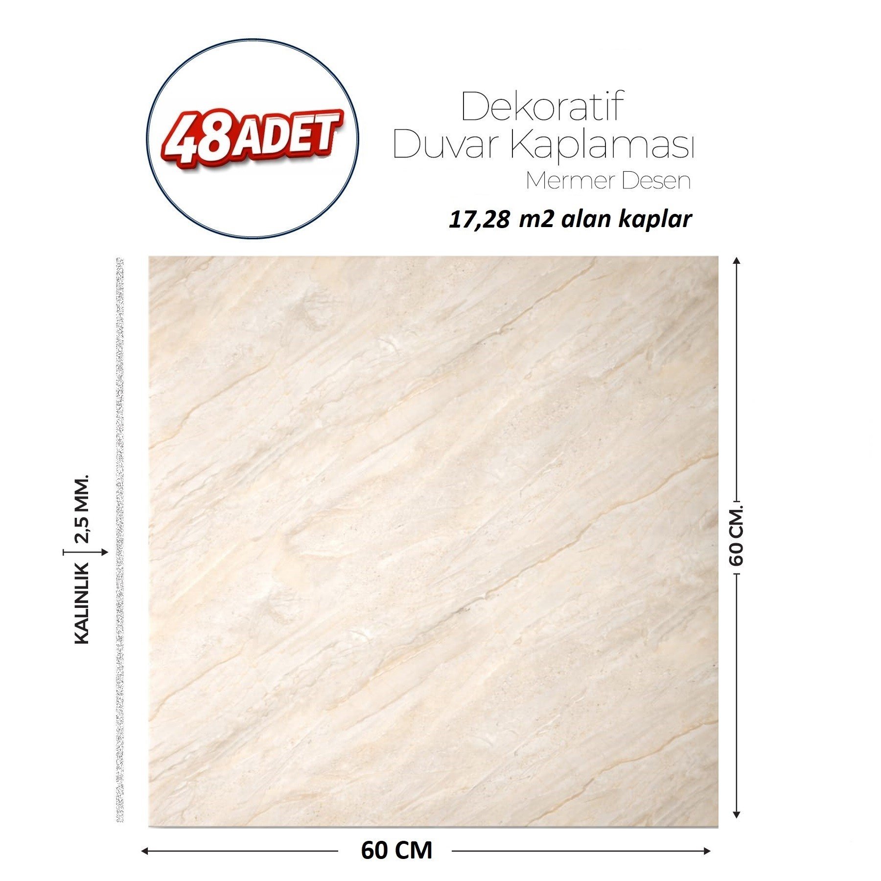 60X60 cm Kendinden Yapışkanlı Duvar,banyo,tezgah Arası Bej Mermer-48 Adet