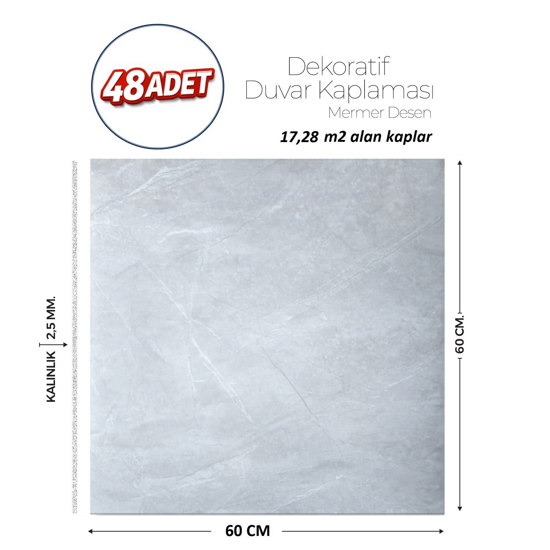 60X60 cm Kendinden Yapışkanlı Duvar,banyo,tezgah Arası Açık Gri Mermer-48 Adet