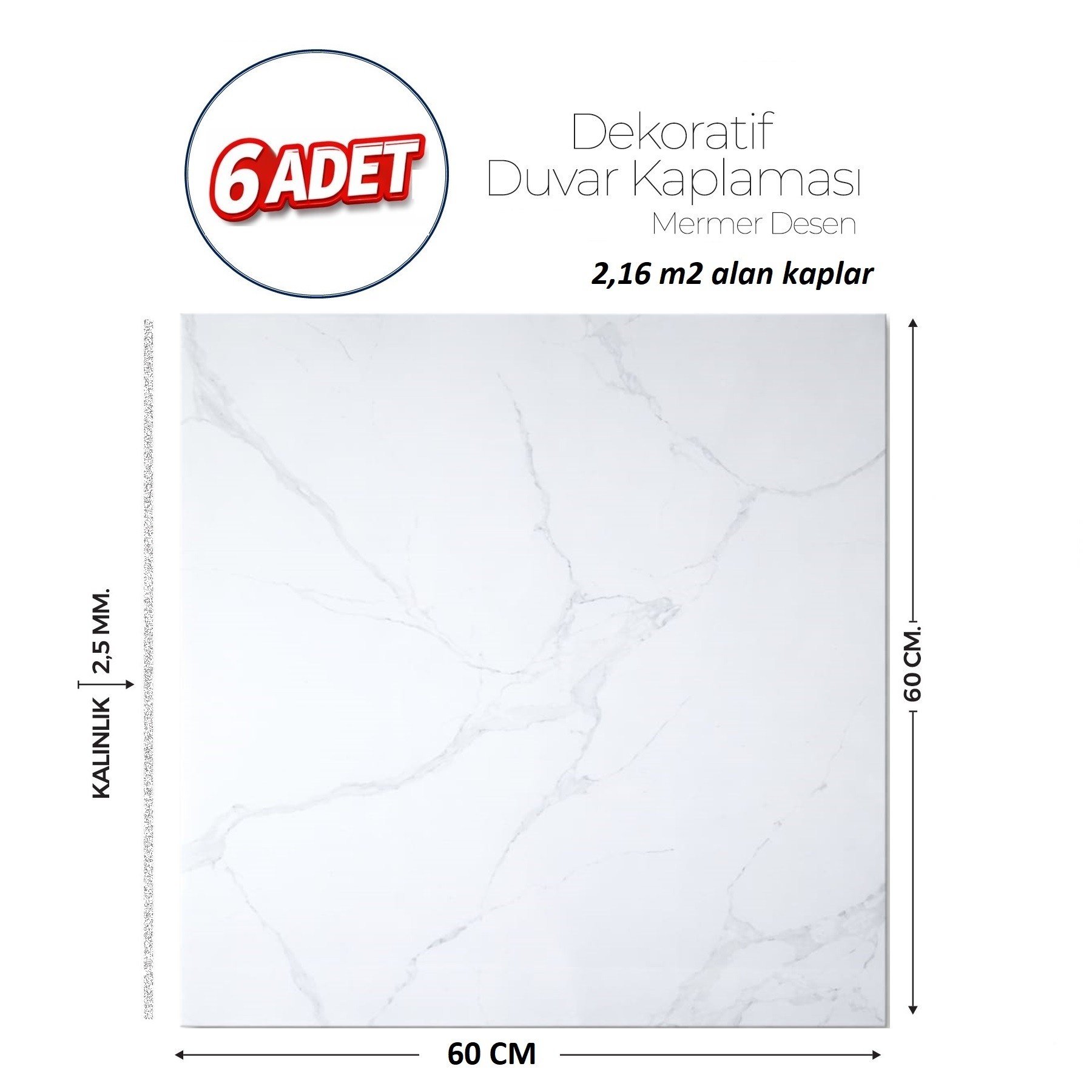 60X60 cm Kendinden Yapışkanlı Duvar,banyo,tezgah Arası BeyazMermer-6 Adet