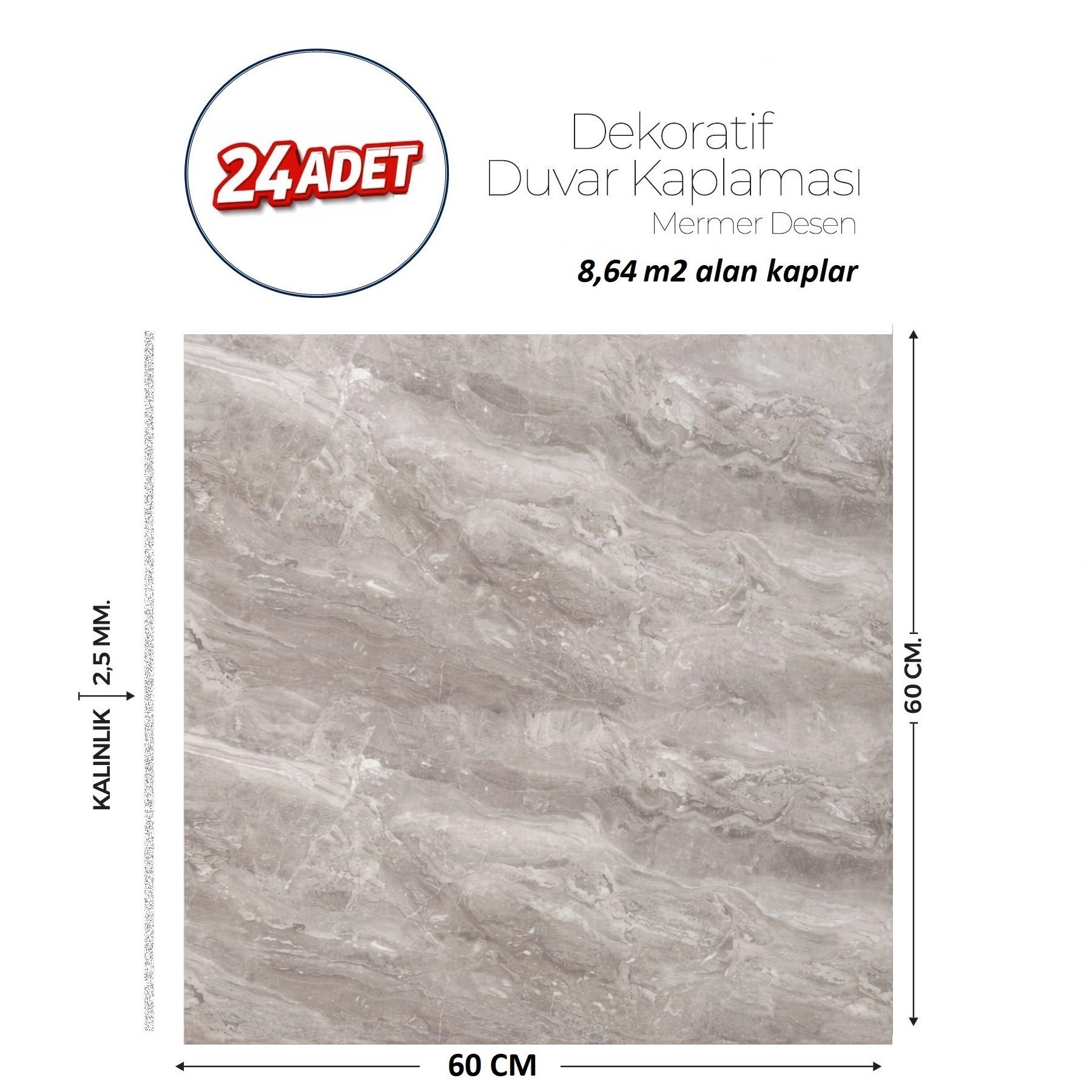 60X60 cm Kendinden Yapışkanlı Duvar,banyo,tezgah Arası Gri Mermer-24 Adet