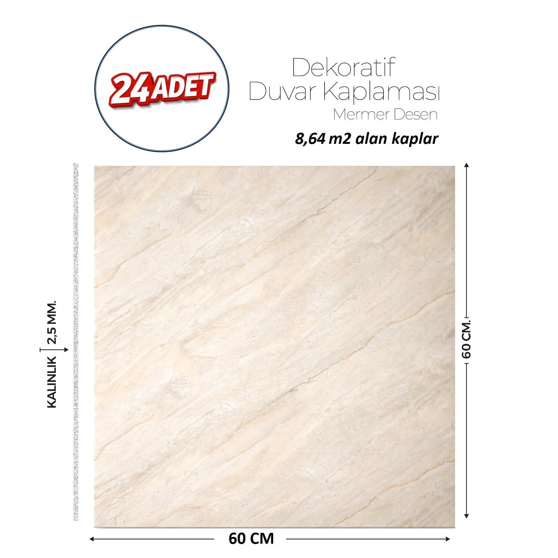 60X60 cm Kendinden Yapışkanlı Duvar,banyo,tezgah Arası Bej Mermer-24 Adet