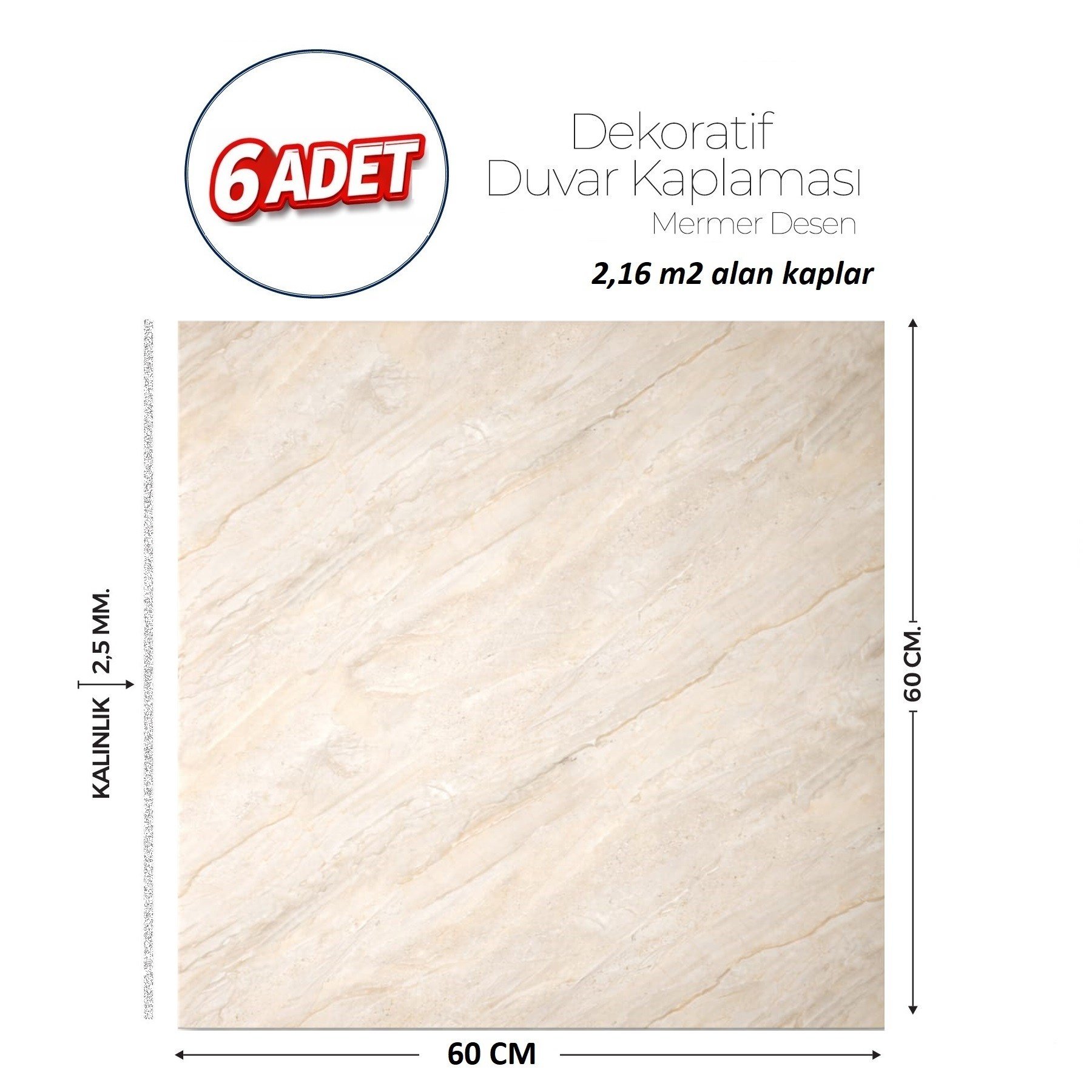 60X60 cm Kendinden Yapışkanlı Duvar,banyo,tezgah Arası Bej Mermer-6 Adet