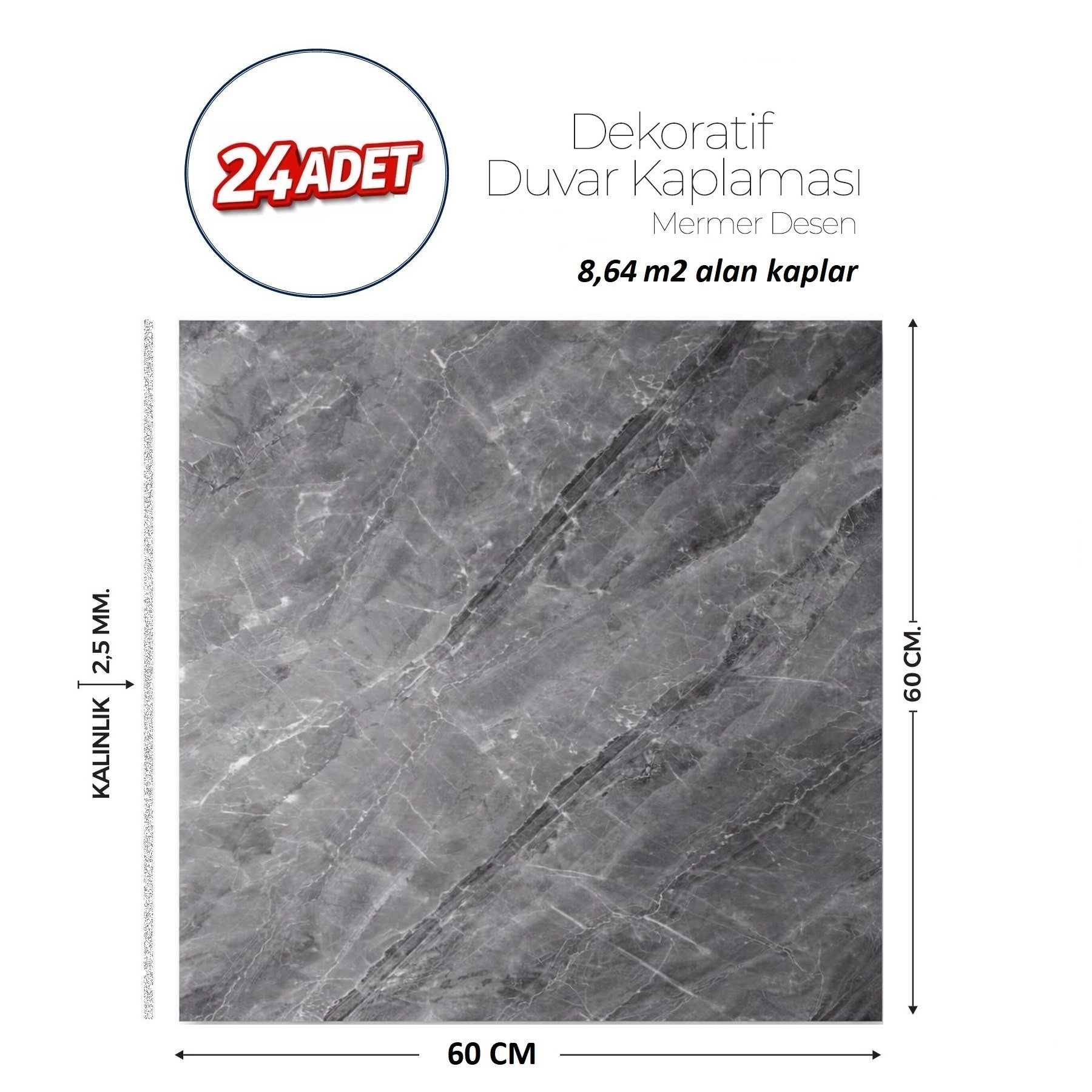 60X60 cm Kendinden Yapışkanlı Duvar,banyo,tezgah Arası Antrasit Mermer-24 Adet