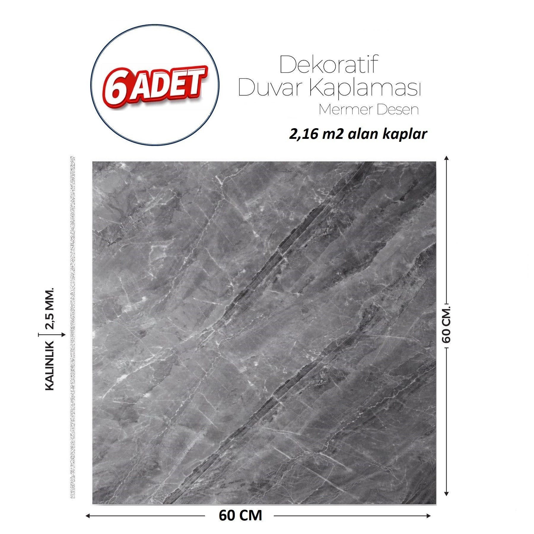 60X60 cm Kendinden Yapışkanlı Duvar,banyo,tezgah Arası Antrasit Mermer-6 Adet