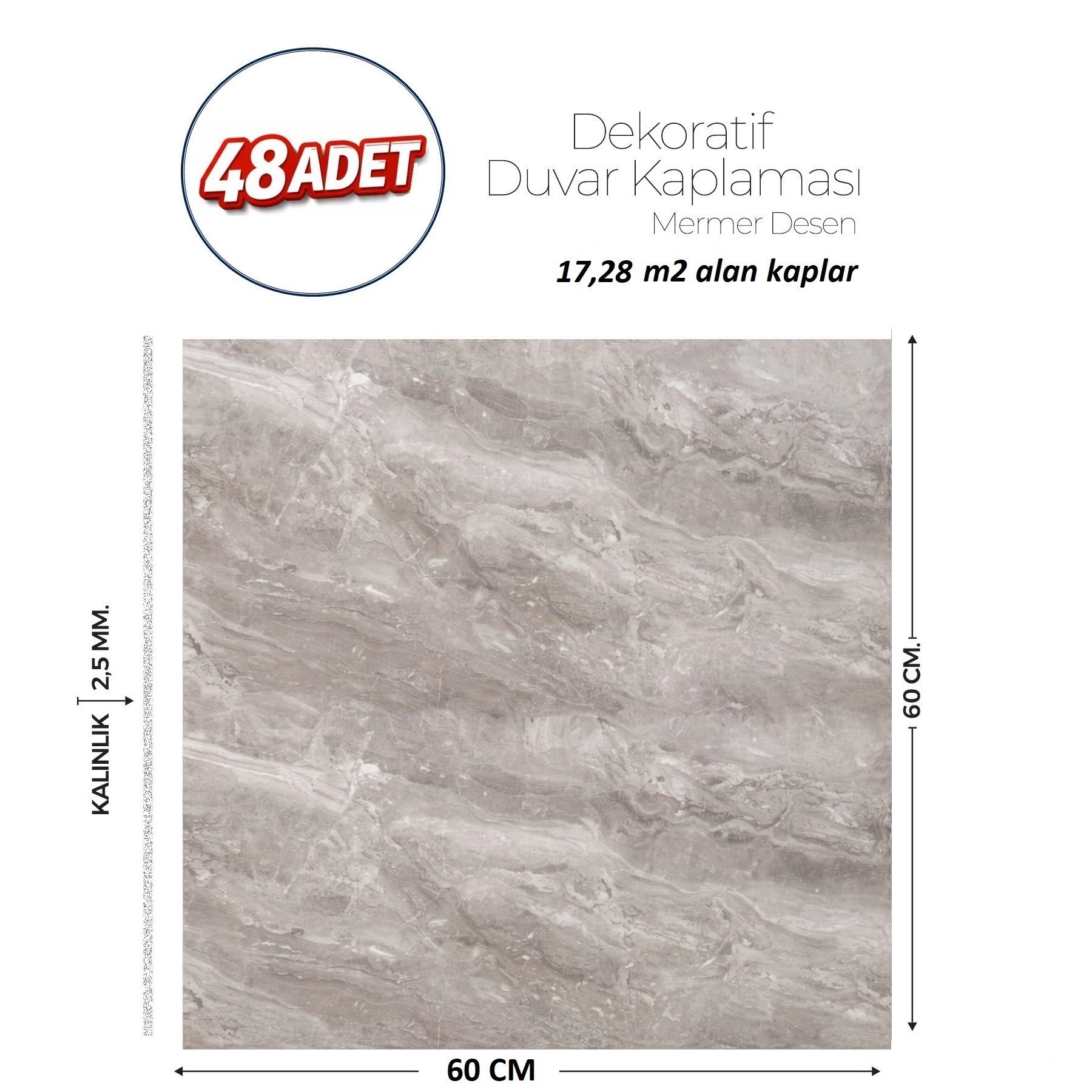60X60 cm Kendinden Yapışkanlı Duvar,banyo,tezgah Arası Gri Mermer-48 Adet