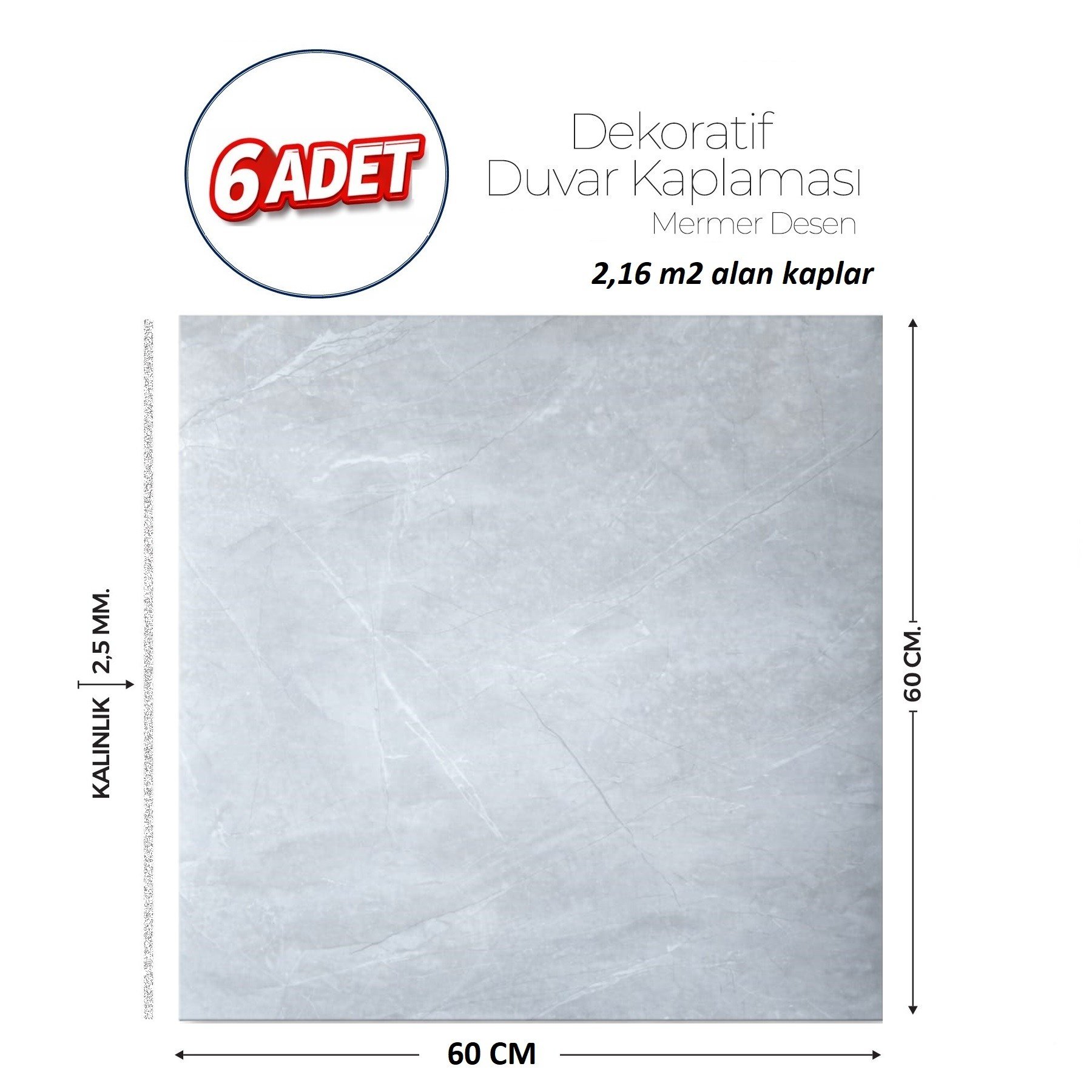 60X60 cm Kendinden Yapışkanlı Duvar,banyo,tezgah Arası Açık Gri Mermer-6 Adet