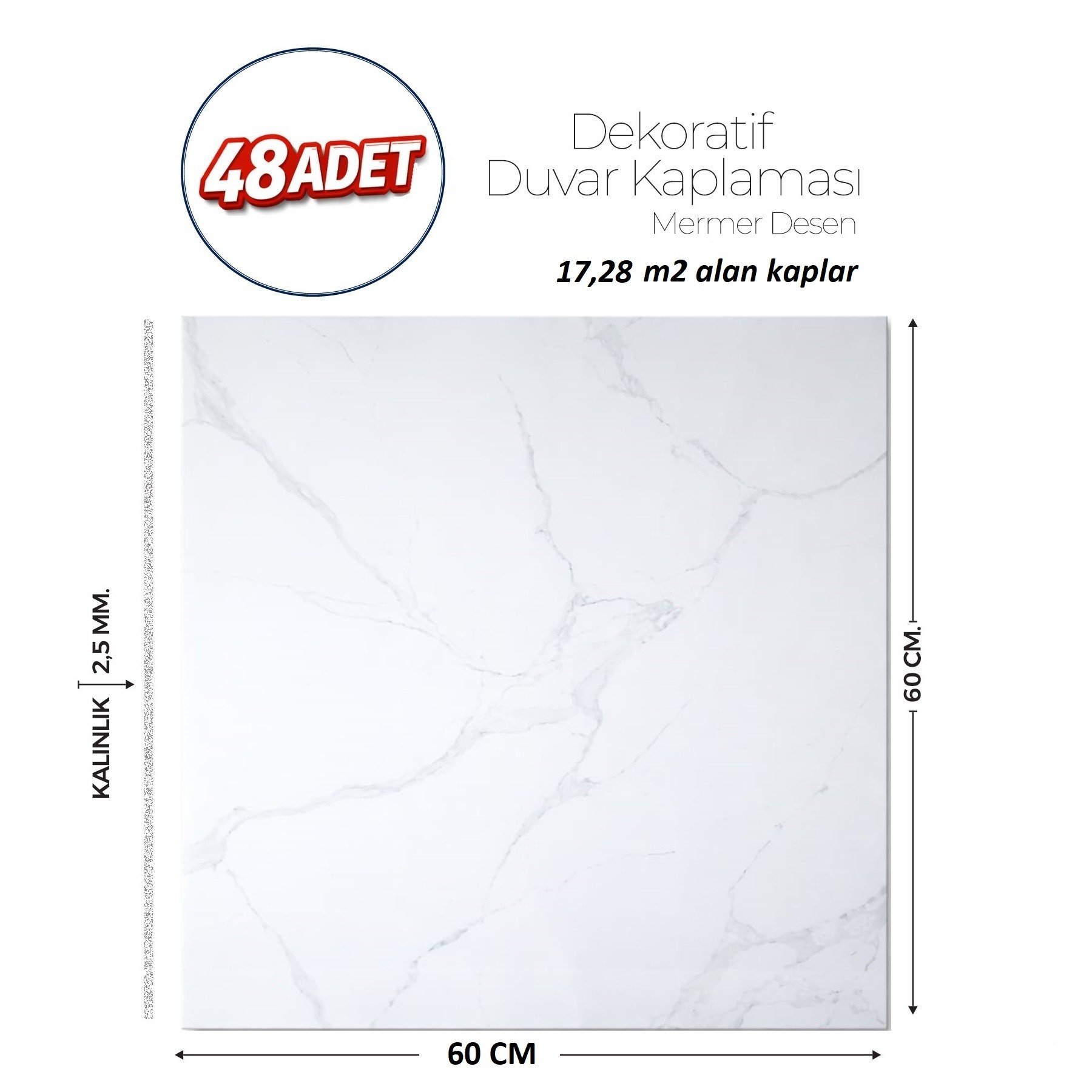60X60 cm Kendinden Yapışkanlı Duvar,banyo,tezgah Arası Beyaz Mermer-48 Adet
