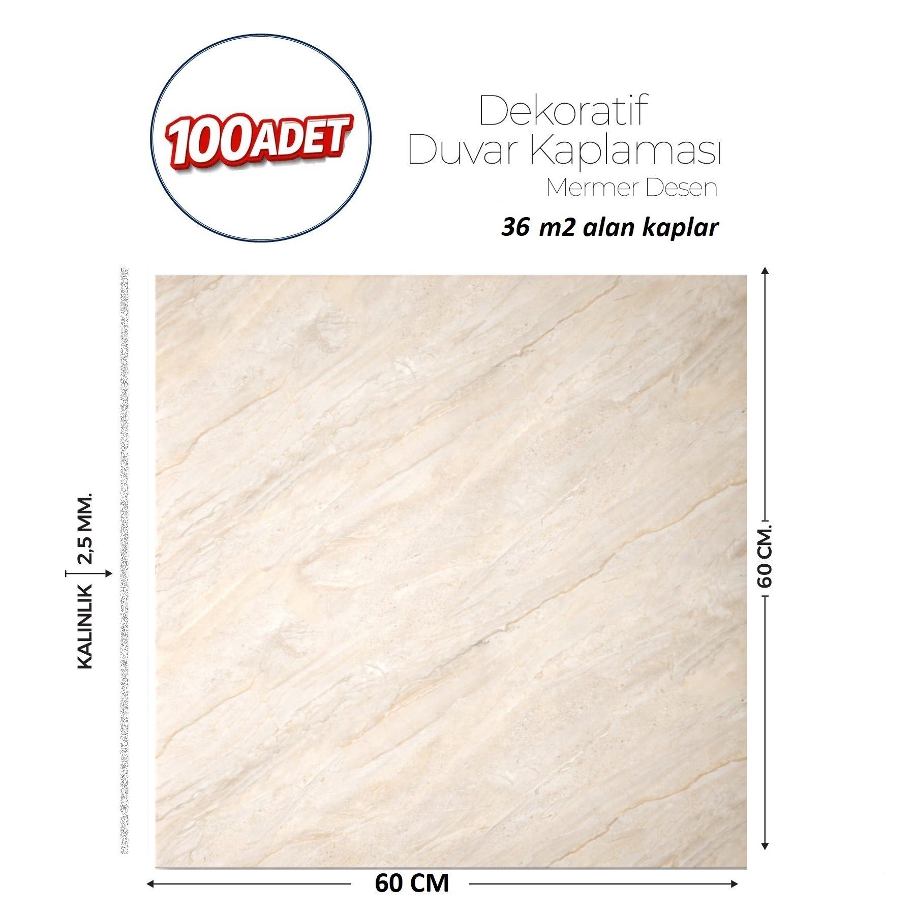 60X60 cm Kendinden Yapışkanlı Duvar,banyo,tezgah Arası Bej Mermer-100 Adet