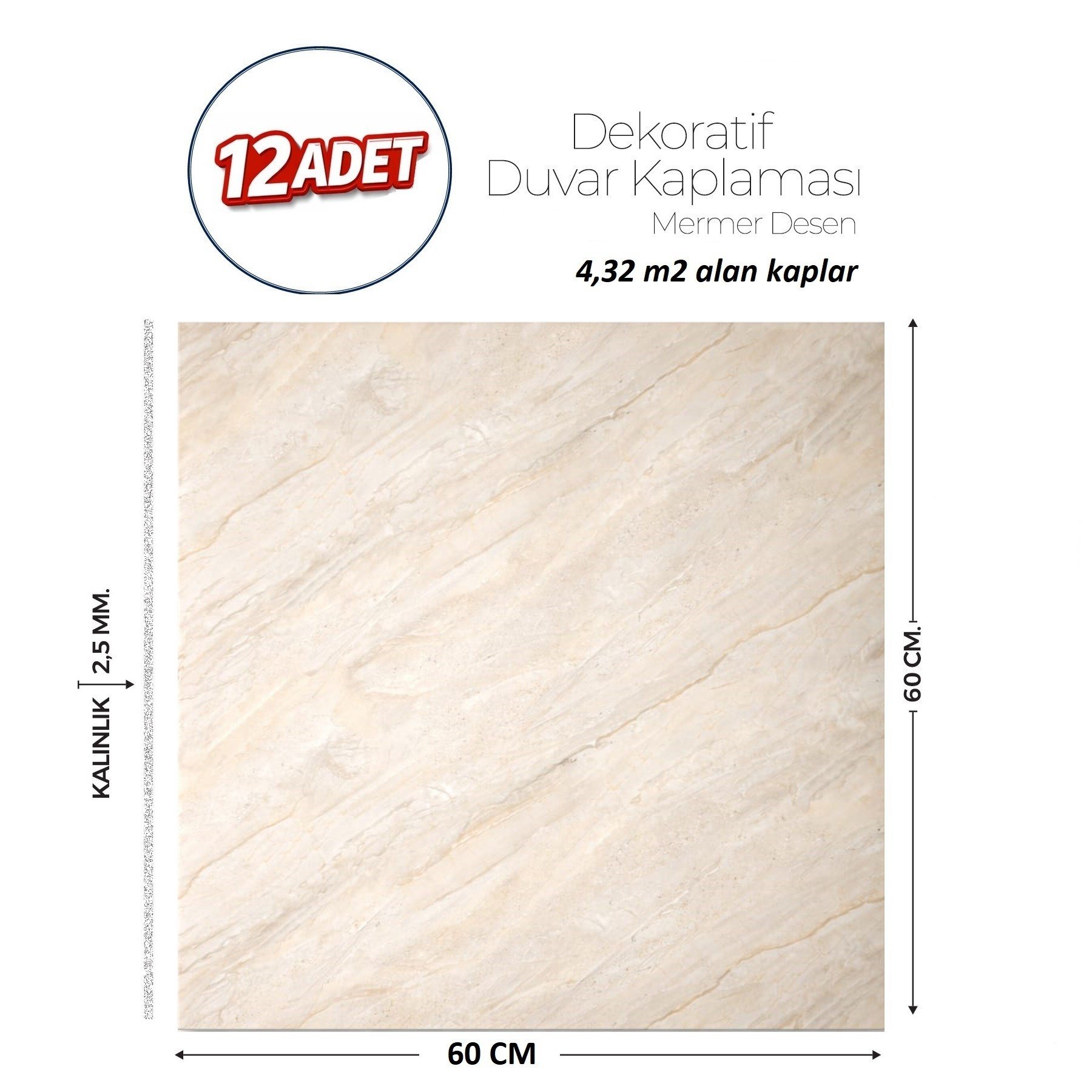 60X60 cm Kendinden Yapışkanlı Duvar,banyo,tezgah Arası Bej Mermer-12 Adet
