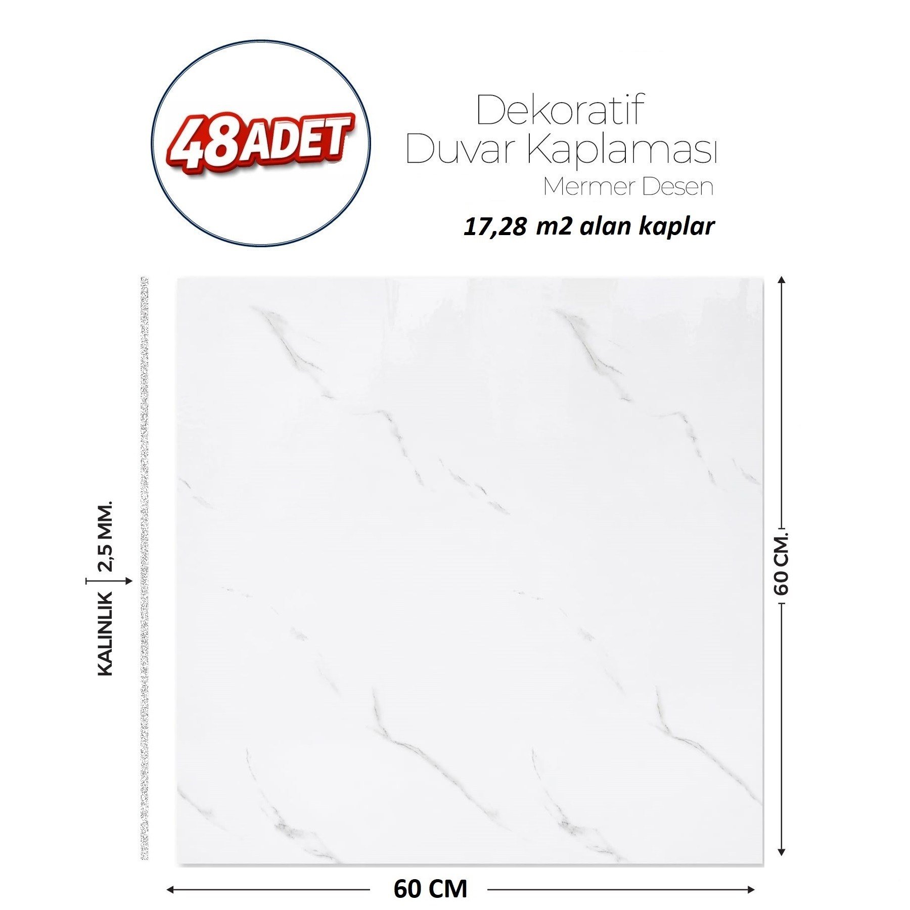 60X60 cm Kendinden Yapışkanlı Duvar,banyo,tezgah Arası Beyaz Mermer-48 Adet