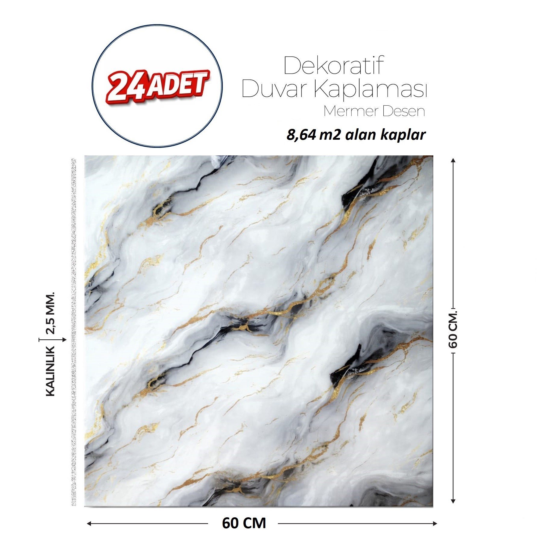 60X60 cm Kendinden Yapışkanlı Duvar,banyo,tezgah Arası Gri-Siyah Mermer-24 Adet
