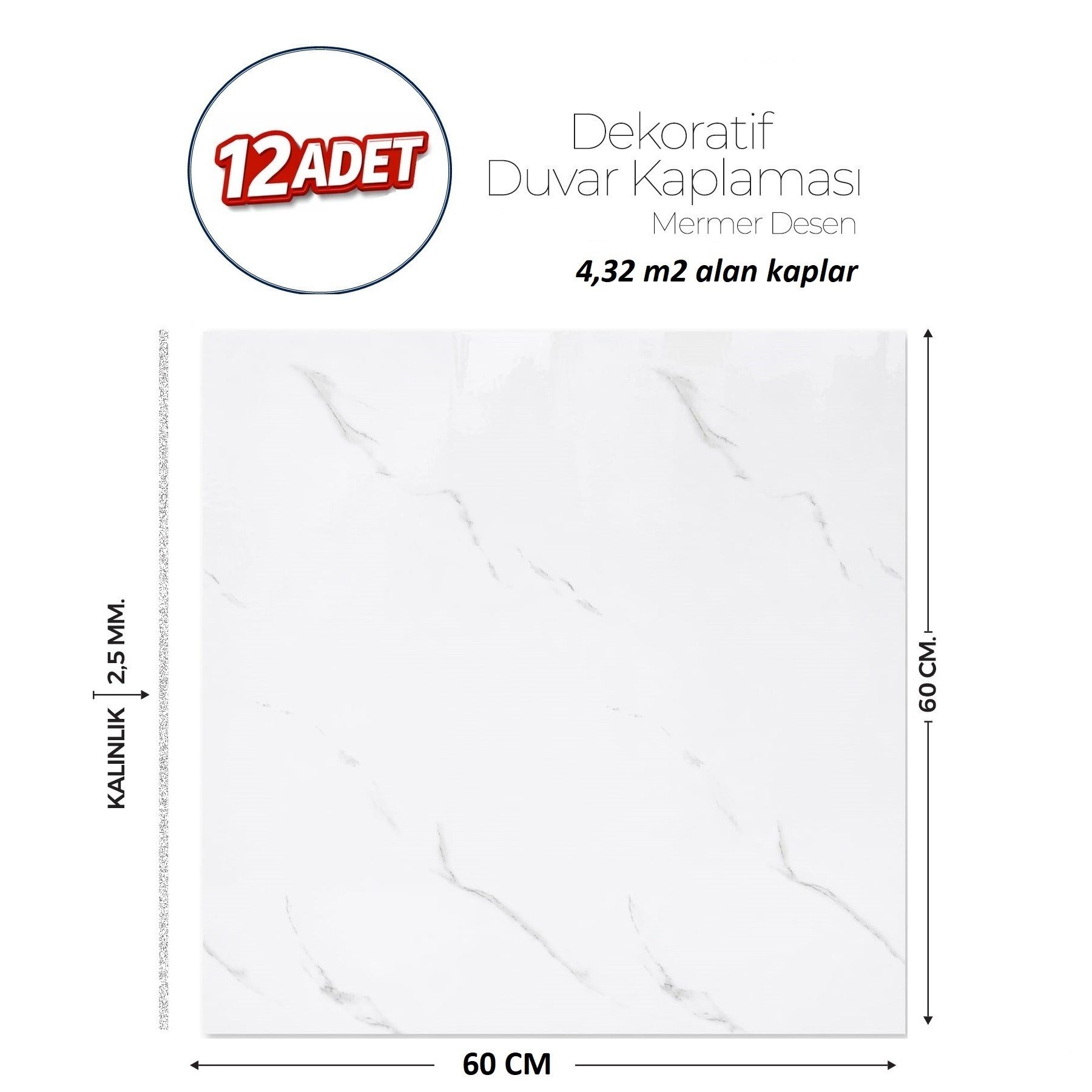 60X60 cm Kendinden Yapışkanlı Duvar,banyo,tezgah Arası Beyaz Mermer-12 Adet