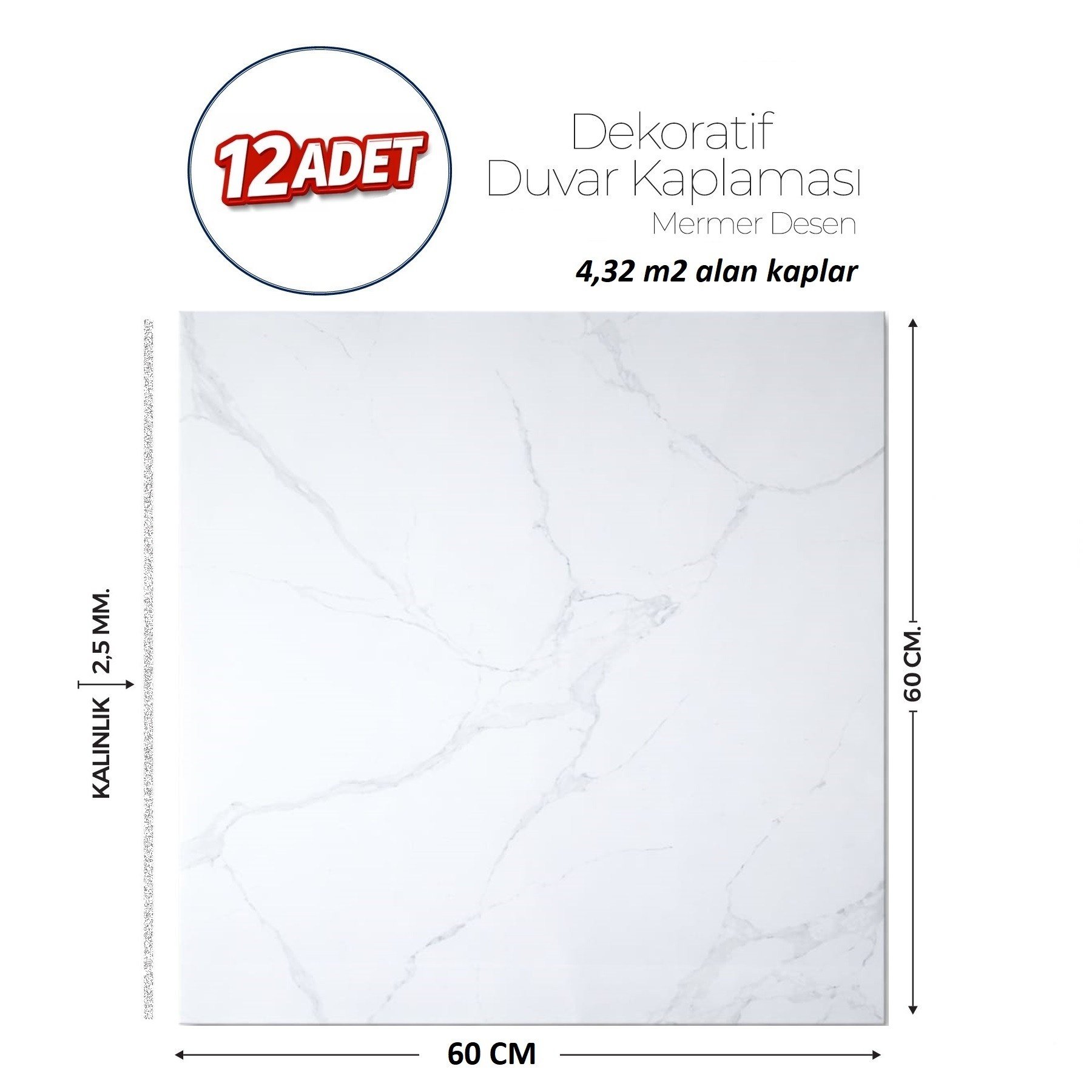 60X60 cm Kendinden Yapışkanlı Duvar,banyo,tezgah Arası Beyaz Mermer-12 Adet
