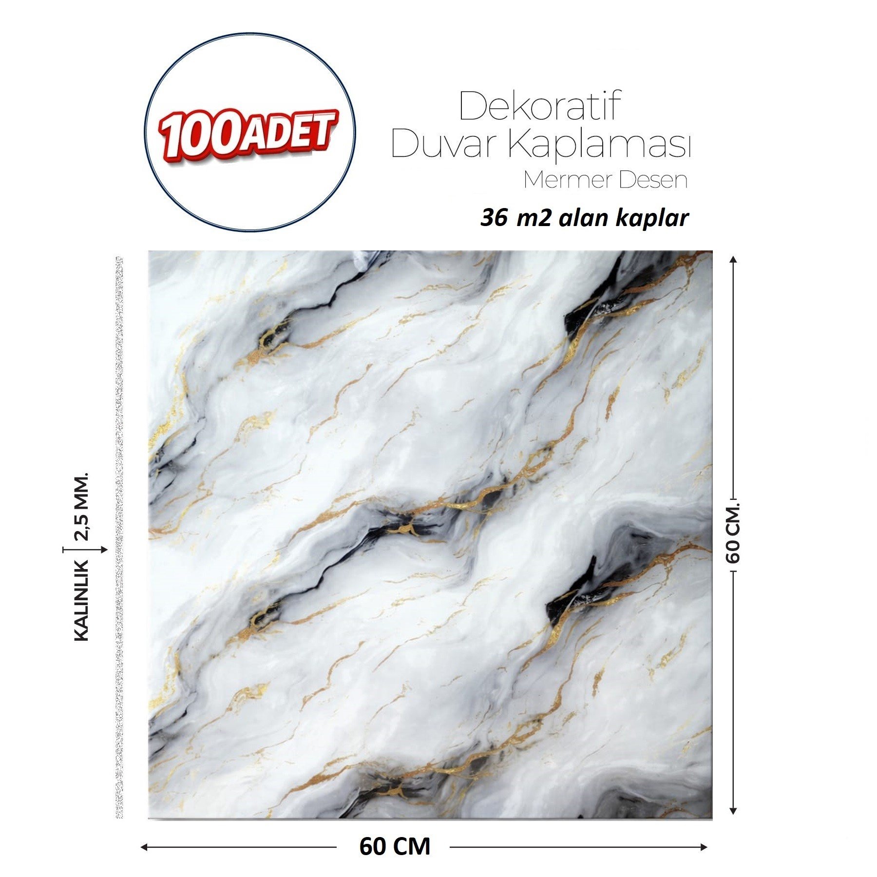 60X60 cm Kendinden Yapışkanlı Duvar,banyo,tezgah Arası Gri-Siyah Mermer-100 Adet