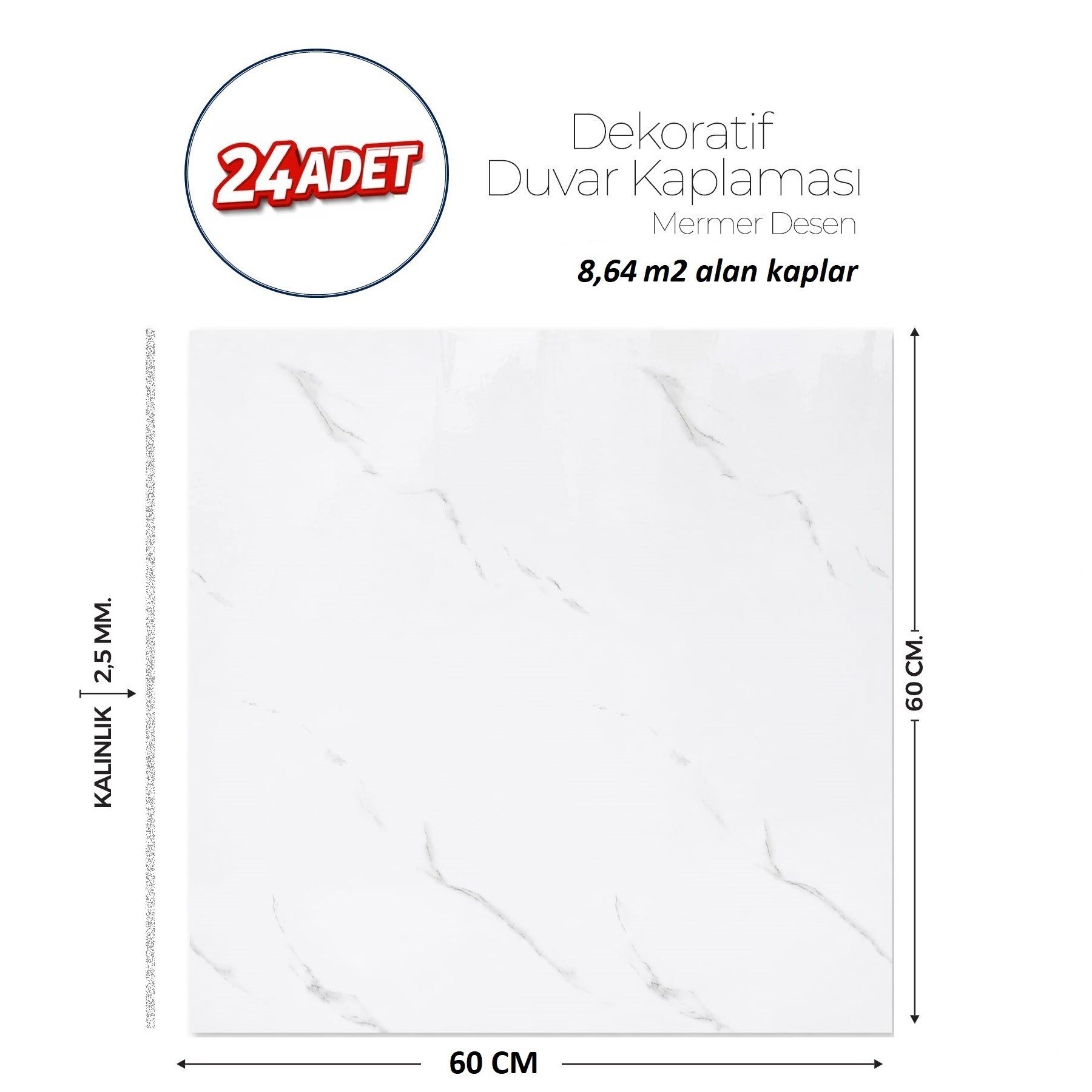 60X60 cm Kendinden Yapışkanlı Duvar,banyo,tezgah Arası Beyaz Mermer-24 Adet