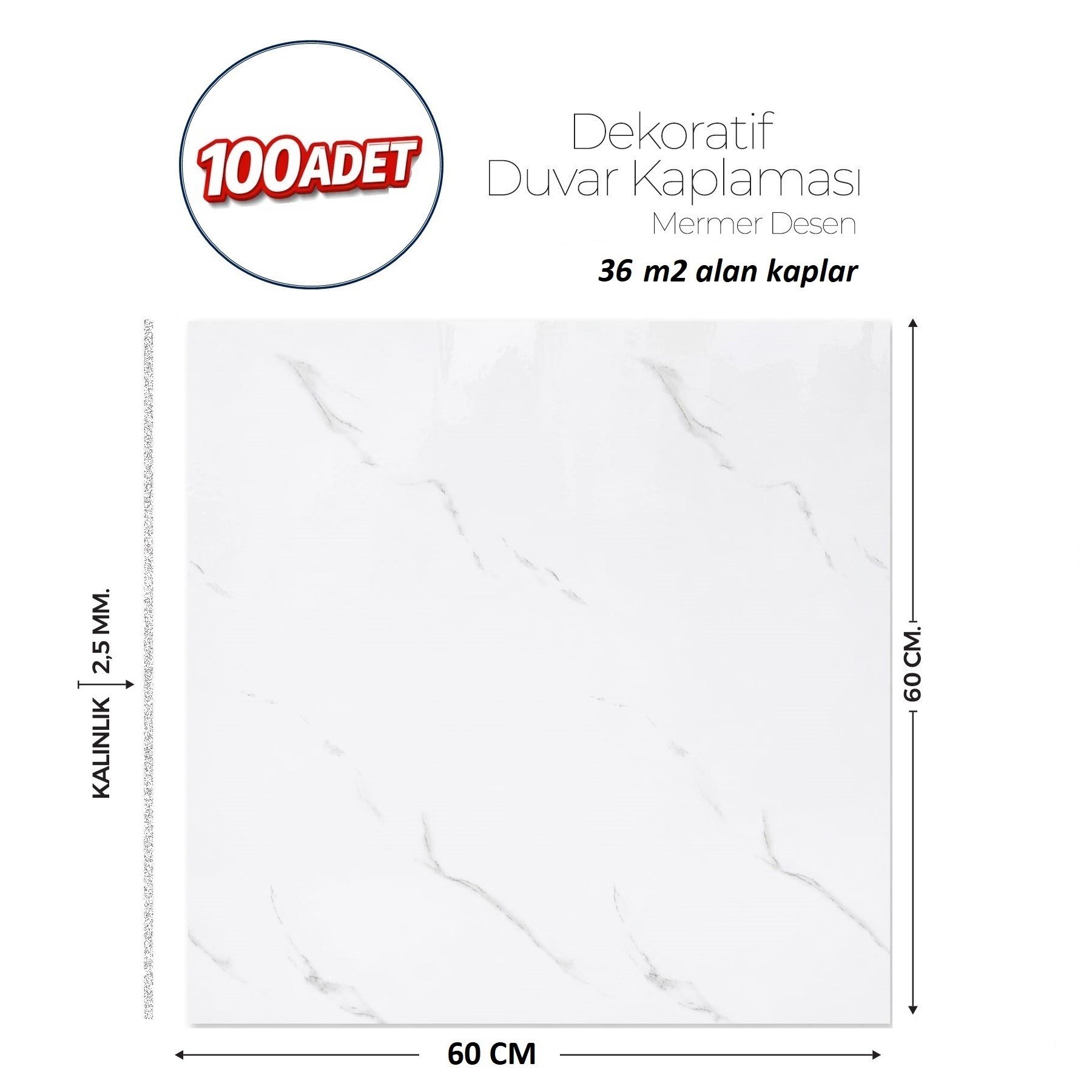 60X60 cm Kendinden Yapışkanlı Duvar,banyo,tezgah Arası Beyaz Mermer-100 Adet