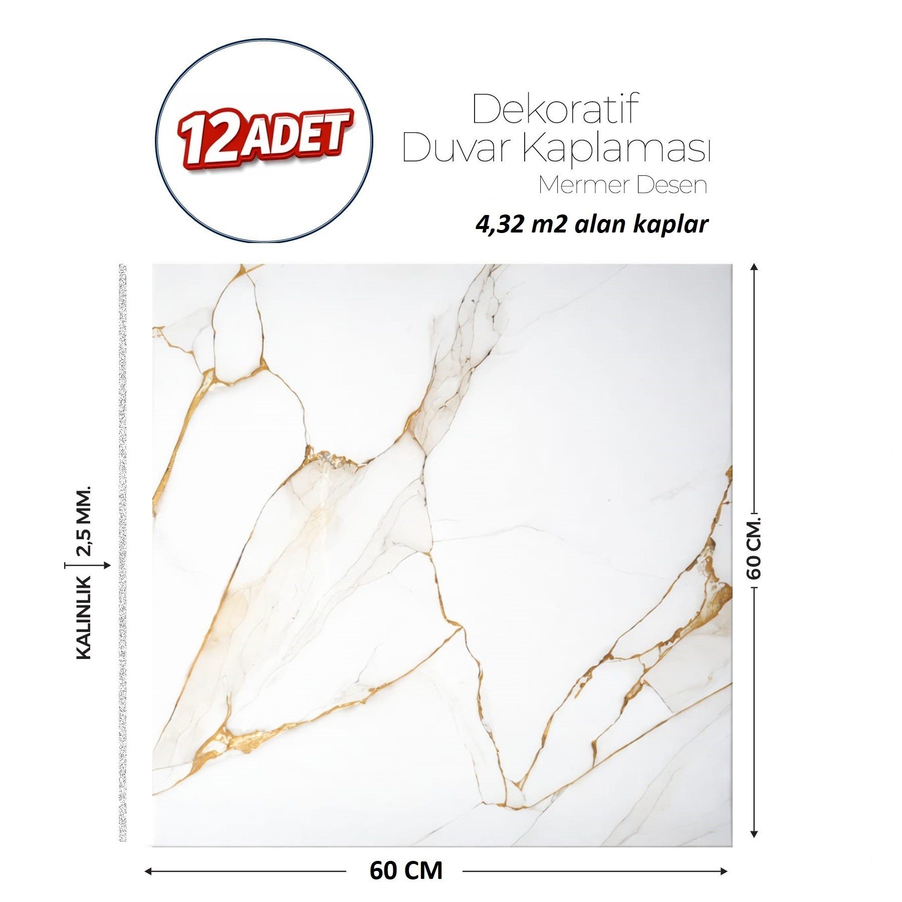 60X60 cm Kendinden Yapışkanlı Duvar,banyo,tezgah Arası Beyaz-Gold  Mermer-12 Adet