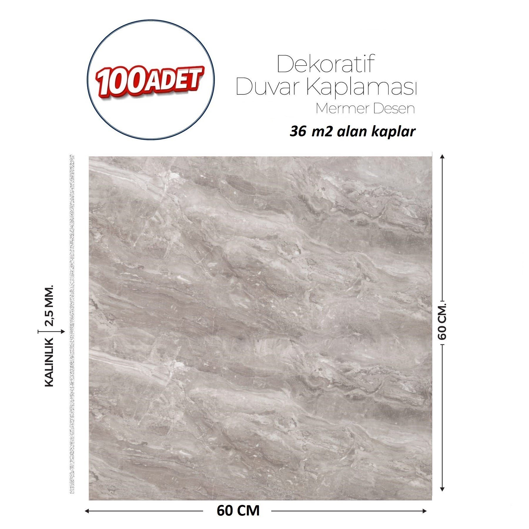60X60 cm Kendinden Yapışkanlı Duvar,banyo,tezgah Arası Gri Mermer-100 Adet
