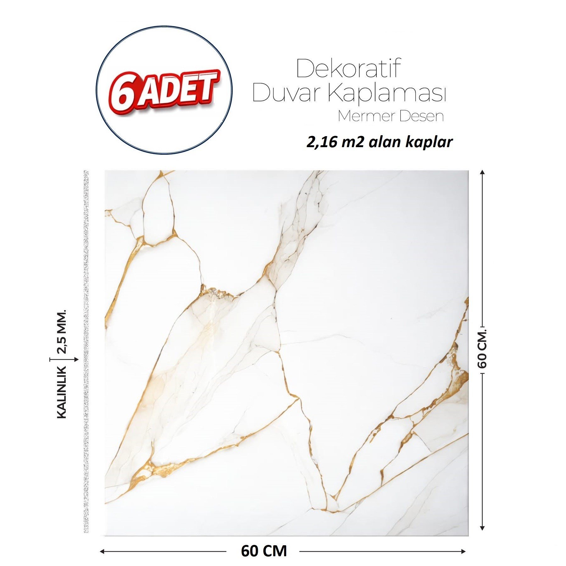 60X60 cm Kendinden Yapışkanlı Duvar,banyo,tezgah Arası Beyaz-Gold Mermer-6 Adet