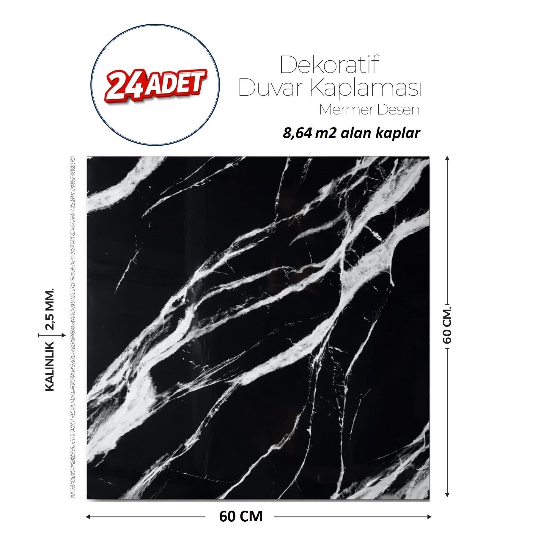 60X60 cm Kendinden Yapışkanlı Duvar,banyo,tezgah Arası Siyah Mermer-24 Adet