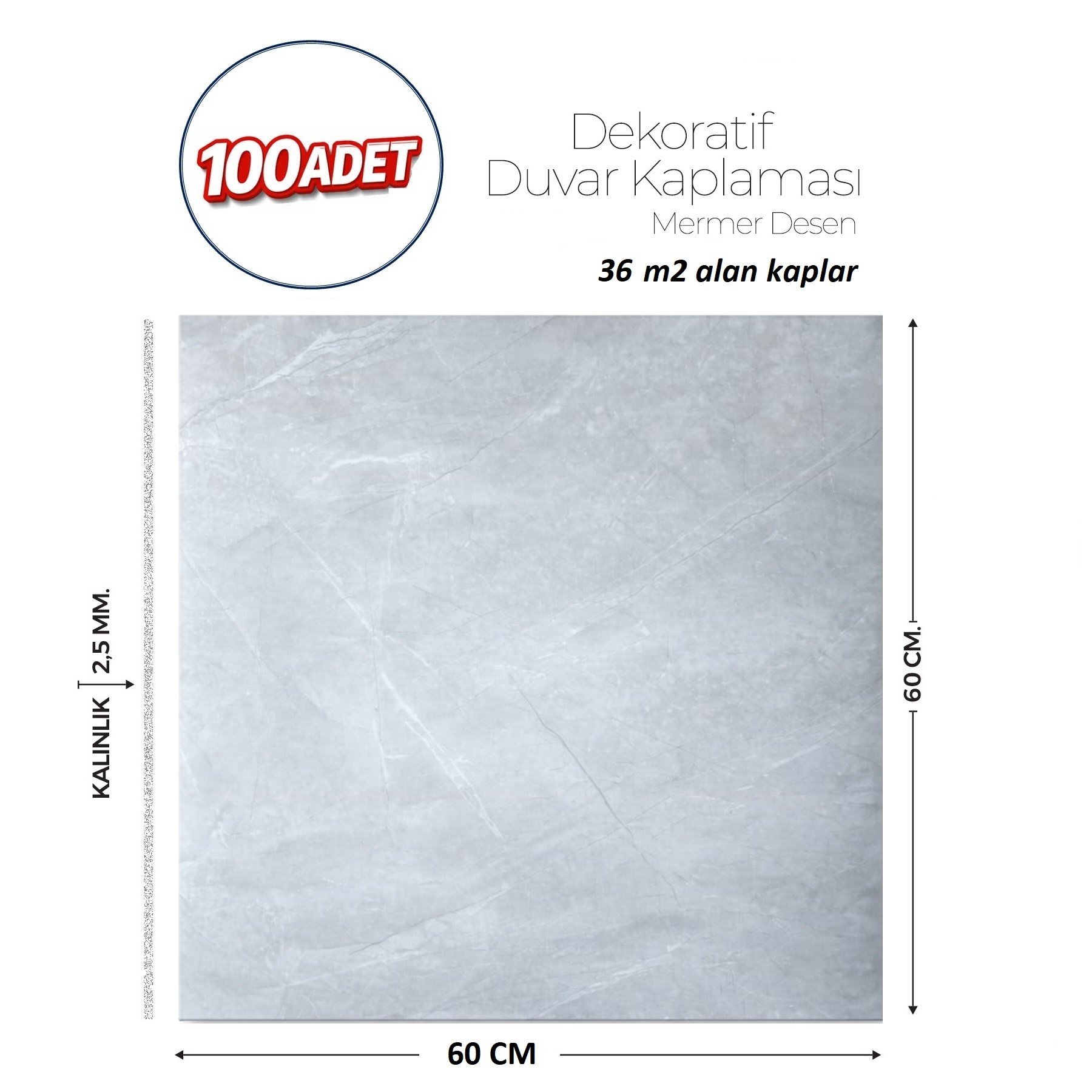 60X60 cm Kendinden Yapışkanlı Duvar,banyo,tezgah Arası Açık Gri Mermer-100 Adet