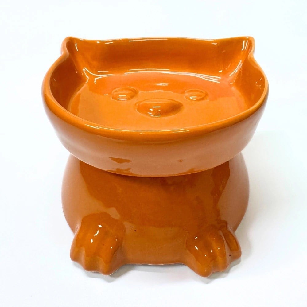  Bikoşu Mama Ayaklı Kedi Kafa Figürlü Seramik Mama Kabı Turuncu 300 ml