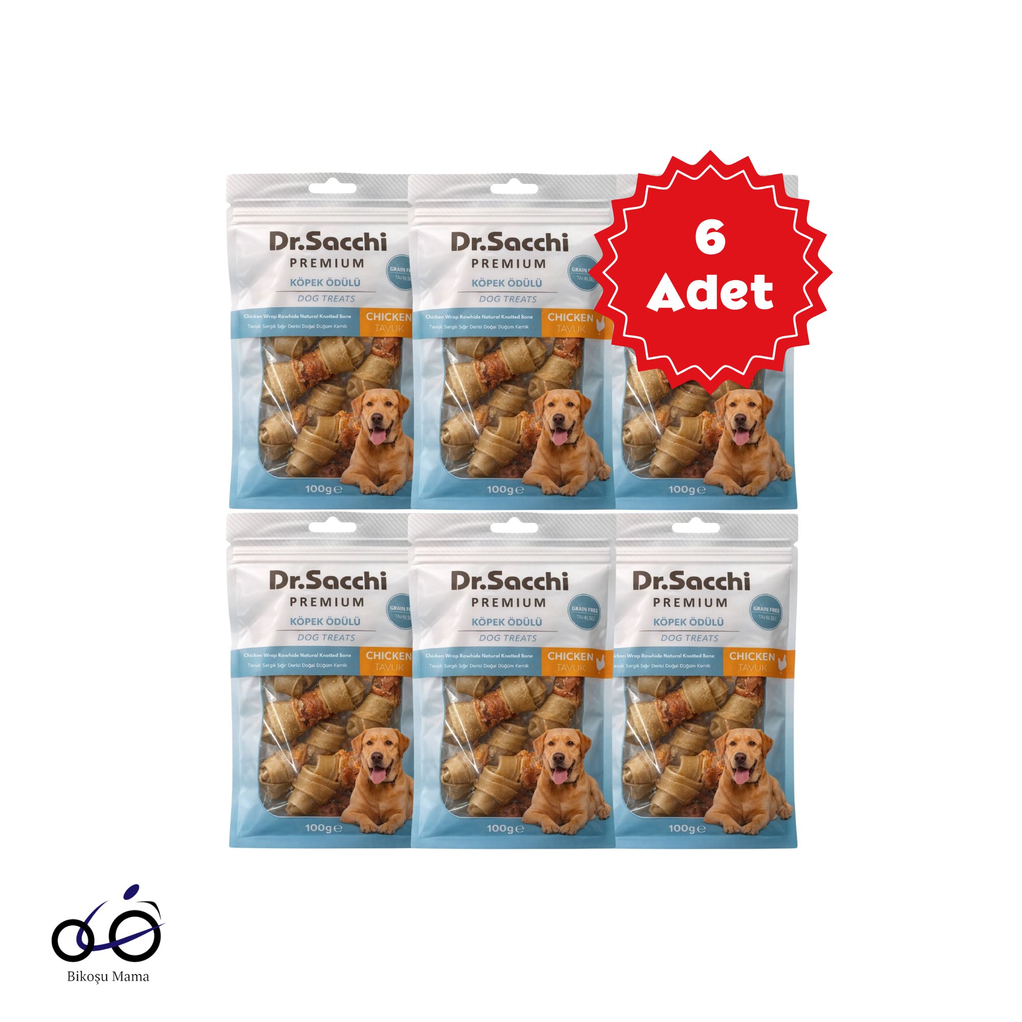  Dr.Sacchi Premium Tavuk Sargılı Sığır Derisi Doğal Düğüm Kemik Tahılsız Köpek Ödülü 2“ 8'li 100gr 6 Adet