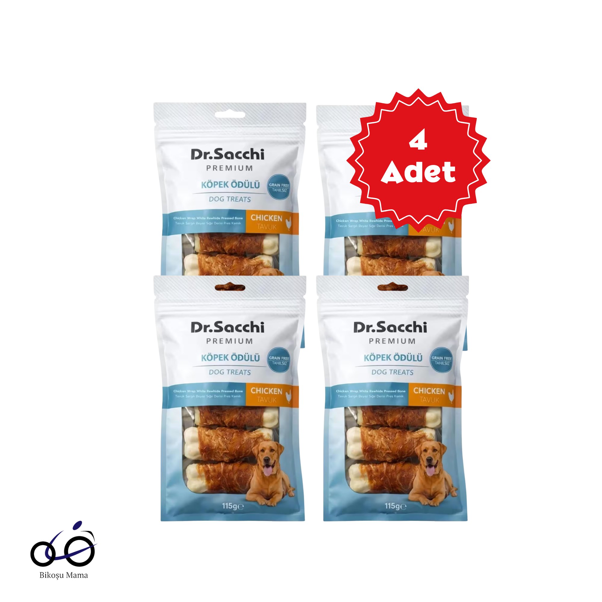  Dr. Sacchi Tavuk Sargılı Sığır Derisi Sütlü Press Kemik Köpek Ödülü 115 g x 4 Adet
