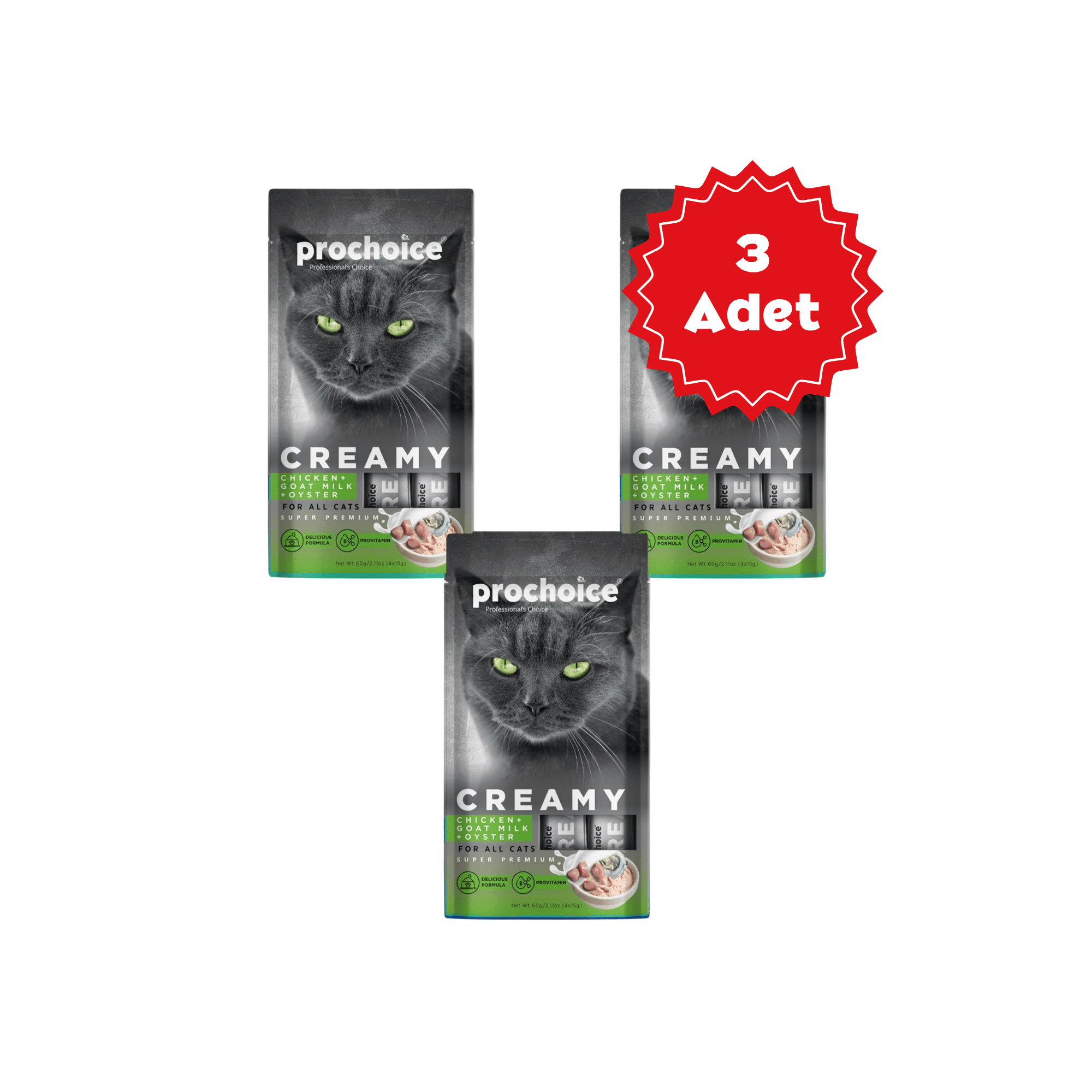  Prochoice Creamy Kediler İçin Tavuklu, Keçi Sütlü ve İstridyeli Sıvı Ödülü 4x15gr x 3 Adet