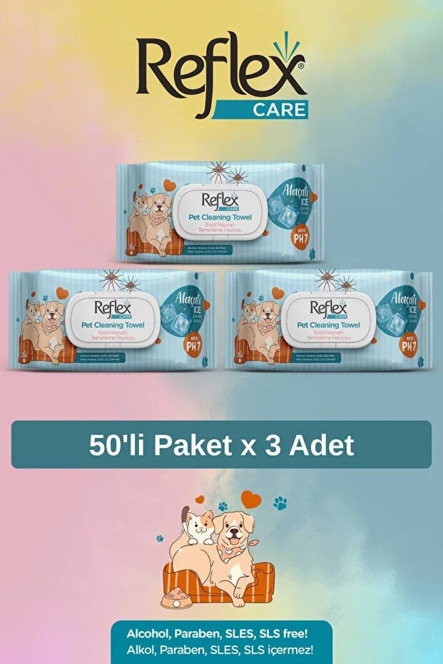  Reflex Care Alaçatı Ice Kokulu Kedi ve Köpekler için Çok Amaçlı Hijyenik Temizleme Mendili (50'li) x 3 Adet