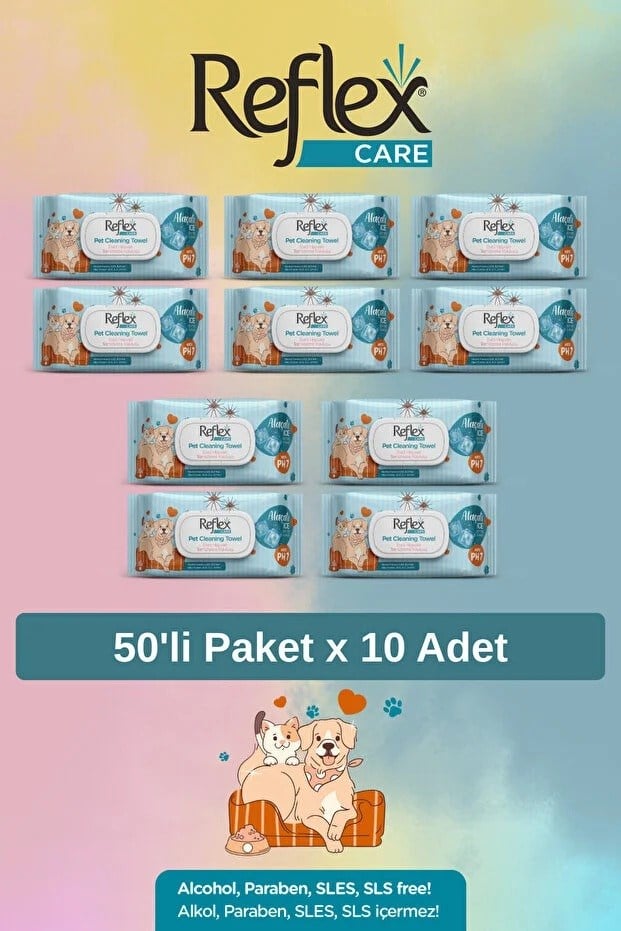  Reflex Care Alaçatı Ice Kokulu Kedi ve Köpekler için Çok Amaçlı Hijyenik Temizleme Mendili (50'li) x 10 Adet