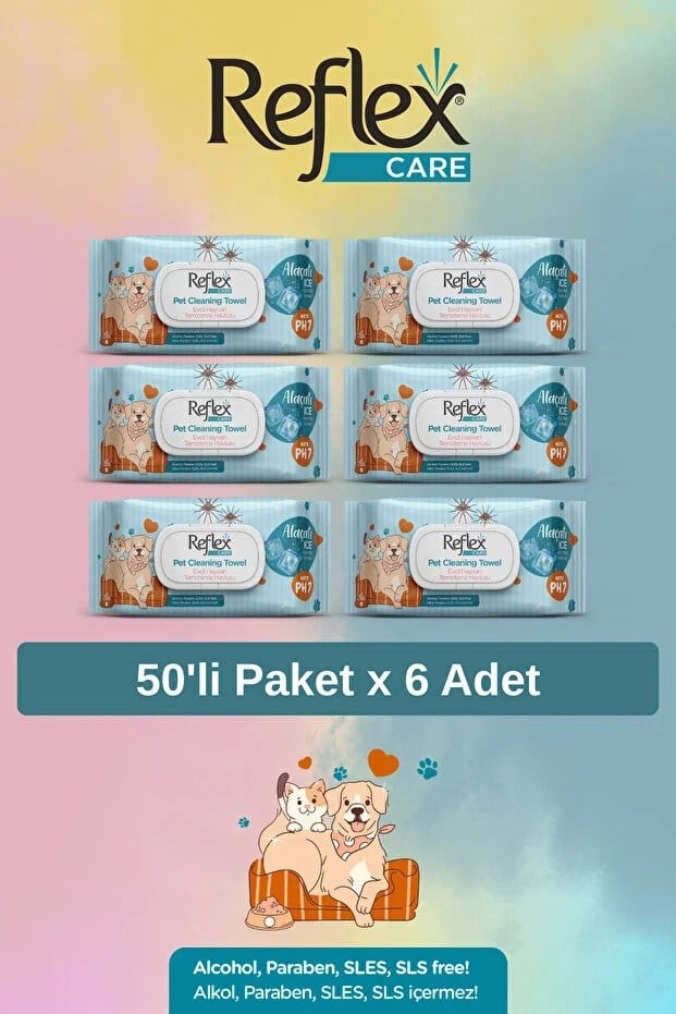  Reflex Care Alaçatı Ice Kokulu Kedi ve Köpekler için Çok Amaçlı Hijyenik Temizleme Mendili (50'li) x 6 Adet
