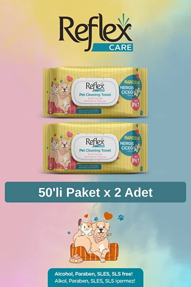  Reflex Care Nergis Kokulu Kedi ve Köpekler için Çok Amaçlı Hijyenik Temizleme Mendili (50'li) x 2 Adet