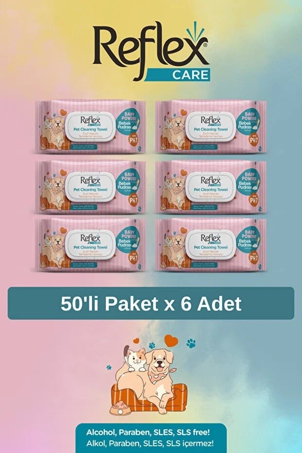  Reflex Kedi ve Köpekler İçin Çok Amaçlı Hijyenik Temizleme Mendili (50'li) x 6 Adet
