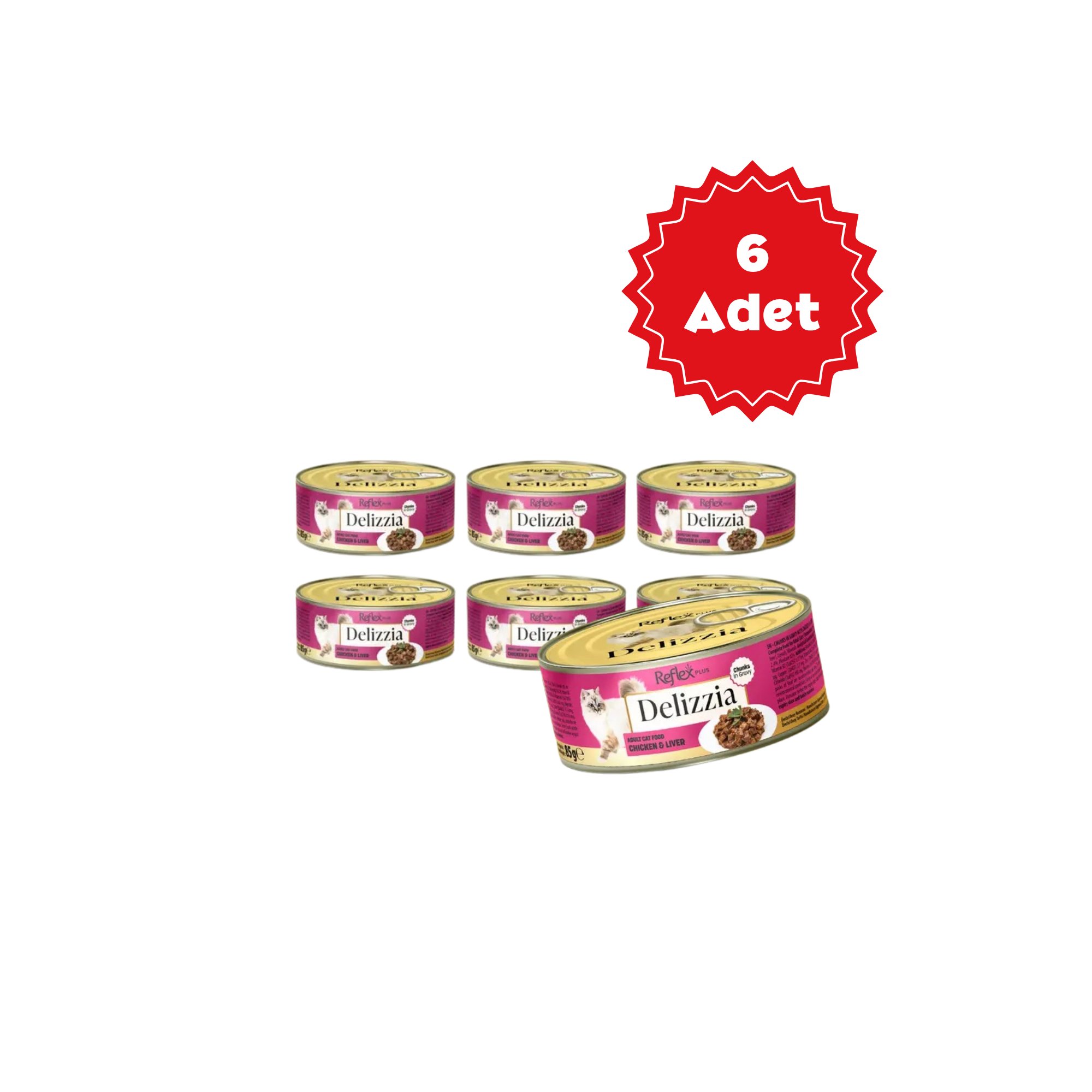  Reflex Plus Delizzia Sos İçinde Tavuklu ve Ciğerli Parça Etli Yetişkin Kedi Konservesi 85gr x 6 Adet