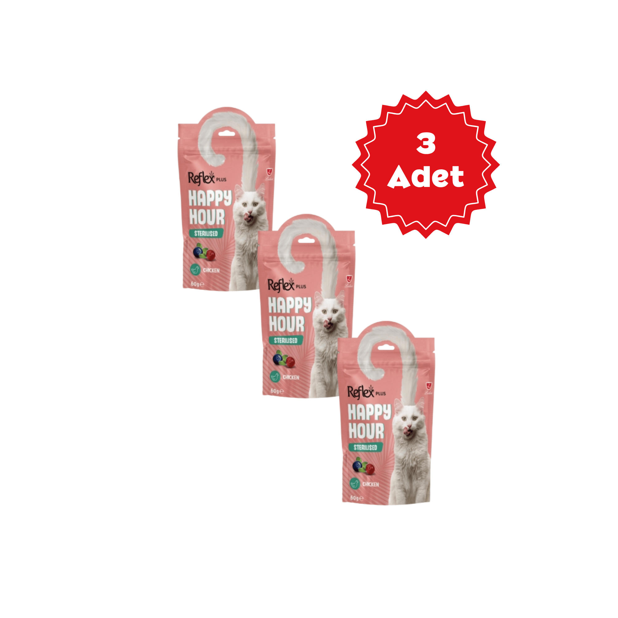  Reflex Plus Happy Hour Tavuklu Yaban Mersinli ve Kızılcıklı Kısırlaştırılmış Kedi Ödül Maması 60gr x 3 Adet