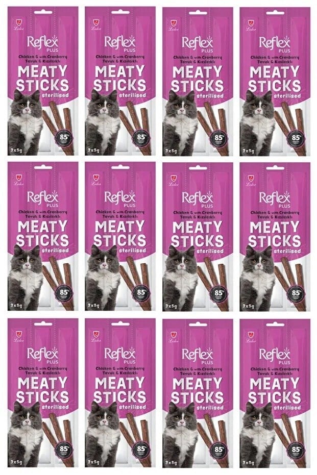  Reflex Plus Meaty Sticks Tavuk ve Kızılcıklı Kısırlaştırılmış Kedi Ödül Çubuğu 15gr (3lü) x 12 Paket