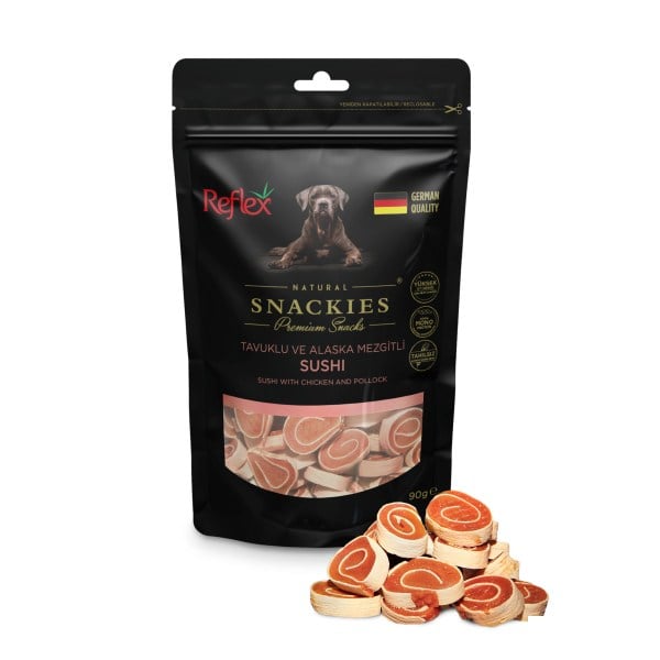  Reflex Snackies Natural Tavuklu ve Alaska Mezgitli Sushi Tahılsız Köpek Ödül Maması 90gr